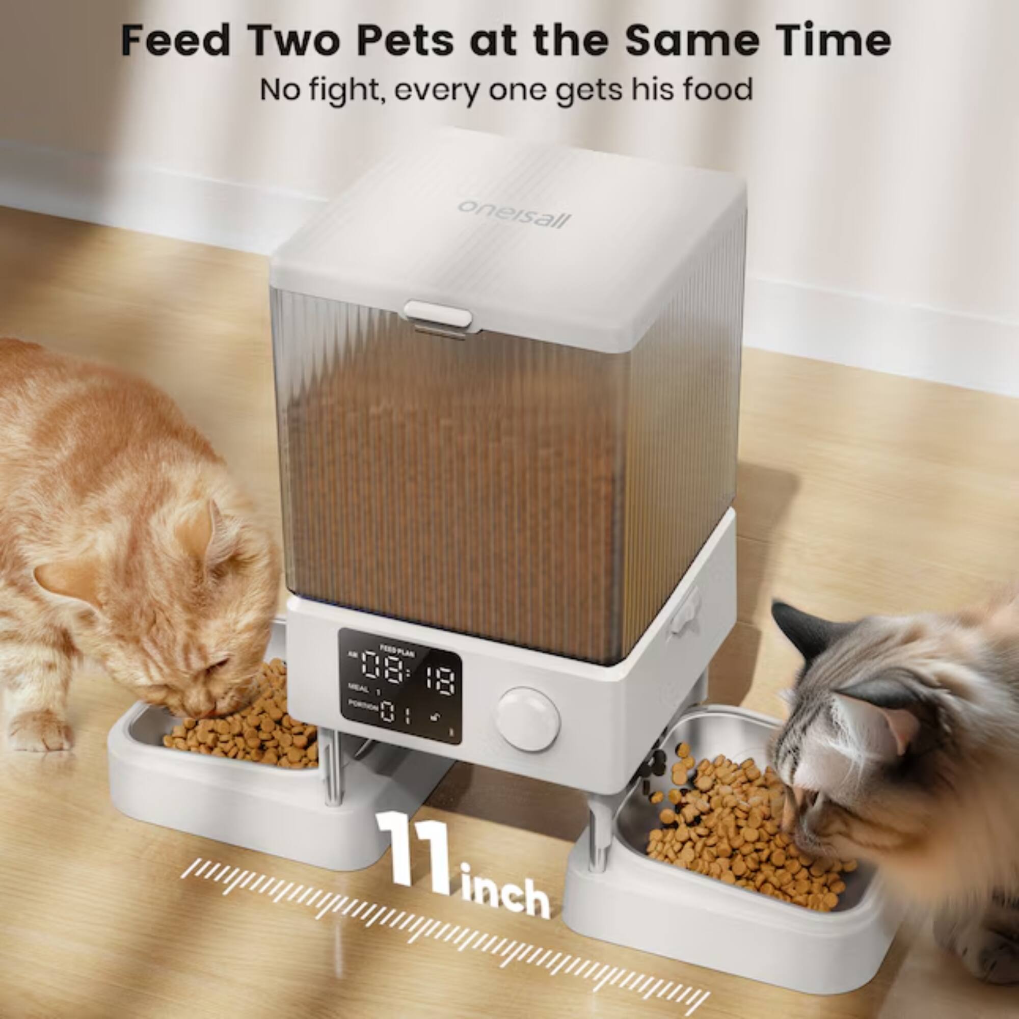 Feed Two Pets at the Same Time  
No fight, every one gets his food  
oneisall  
11 inch