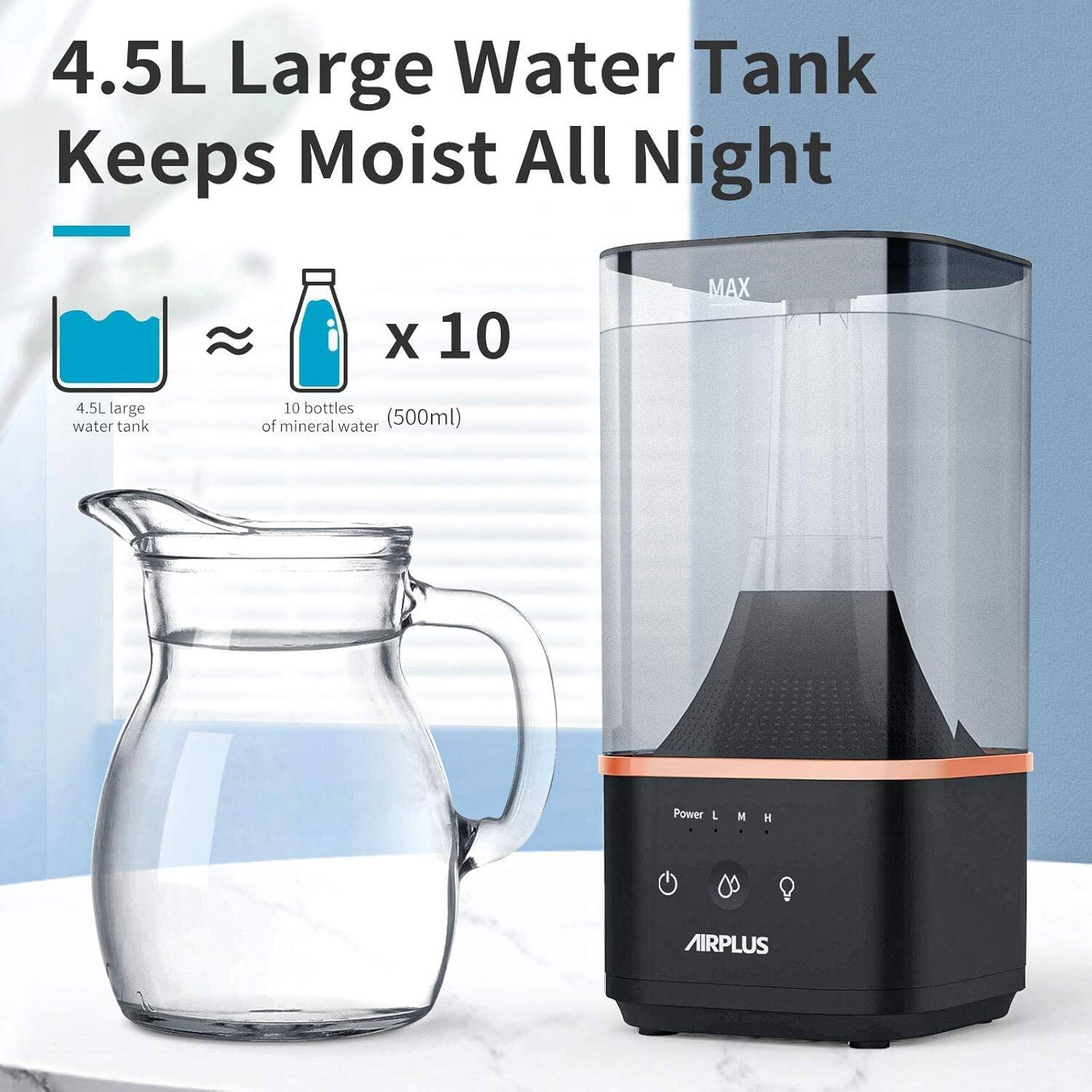 4.5L Large Water Tank Keeps Moist All Night

4.5L large water tank
10 bottles of mineral water (500ml)

Power L M H

AIRPLUS