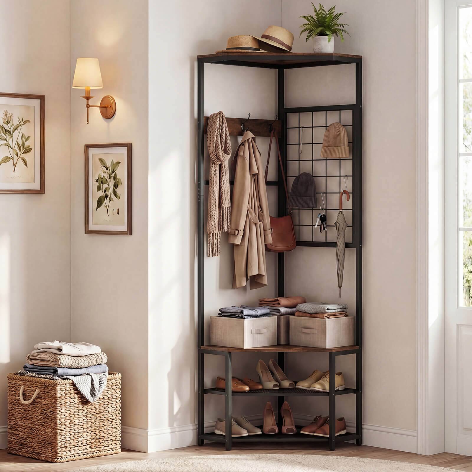 Alt View 8. Costway - Costway Corner Hall Tree, Freestanding Coat Rack with Storage Shelves & Removable Hooks - Rustic Brown + Black.
