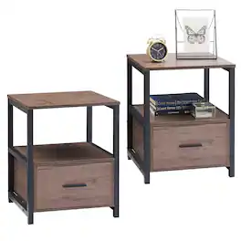 Vecelo - Set of 2 Industrial Nightstand with Drawer - Metal Frame & Engineered Wood Bedside Table, Modern End Table - Coffee