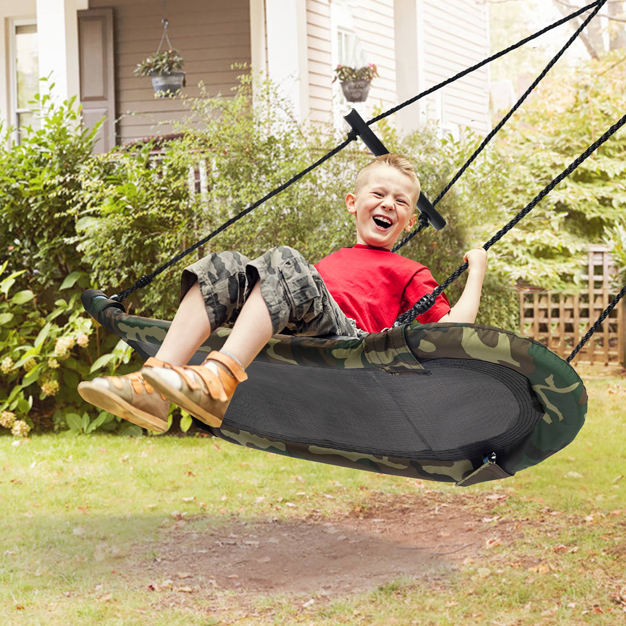 Alt View 1. Costway - Costway Saucer Tree Swing Surf Kids Outdoor Adjustable Oval Platform Swing Set w/ Handle Camouflage - Green.