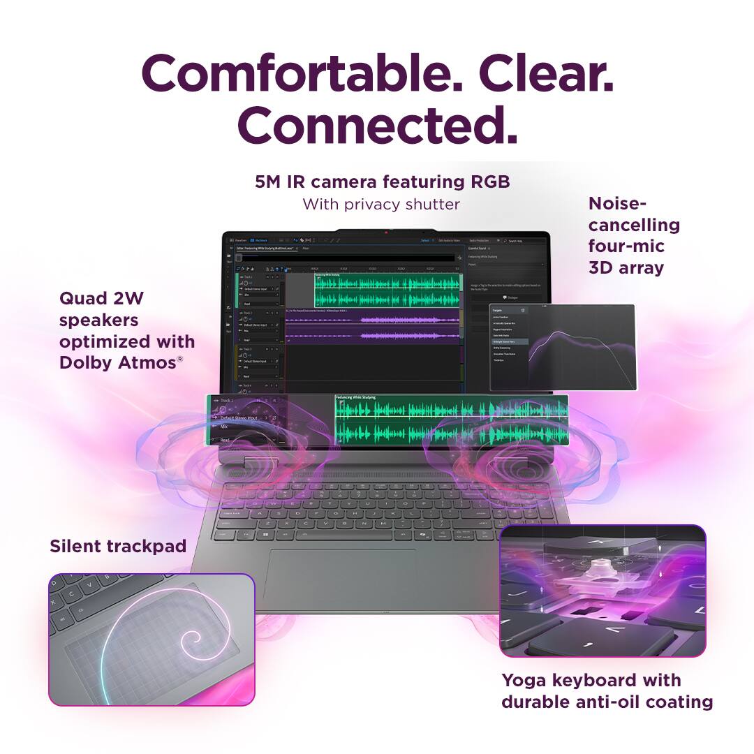 Comfortable. Clear. Connected.

- 5M IR camera featuring RGB with privacy shutter
- Noise-cancelling four-mic 3D array
- Quad 2W speakers optimized with Dolby Atmos
- Silent trackpad
- Yoga keyboard with durable anti-oil coating
