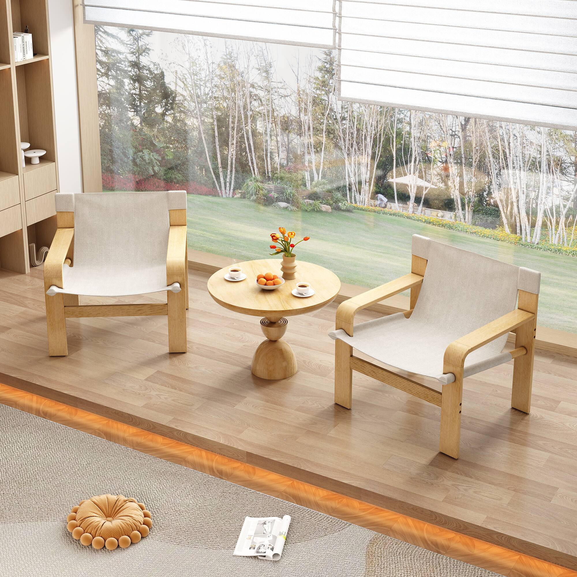 Alt View 4. Ecooso - Detachable and Washable Oak Accent Chair Wide Armrest Mid-Century Lounge Chair Linen Fabric Armchair & Solid Wood Frame - White.