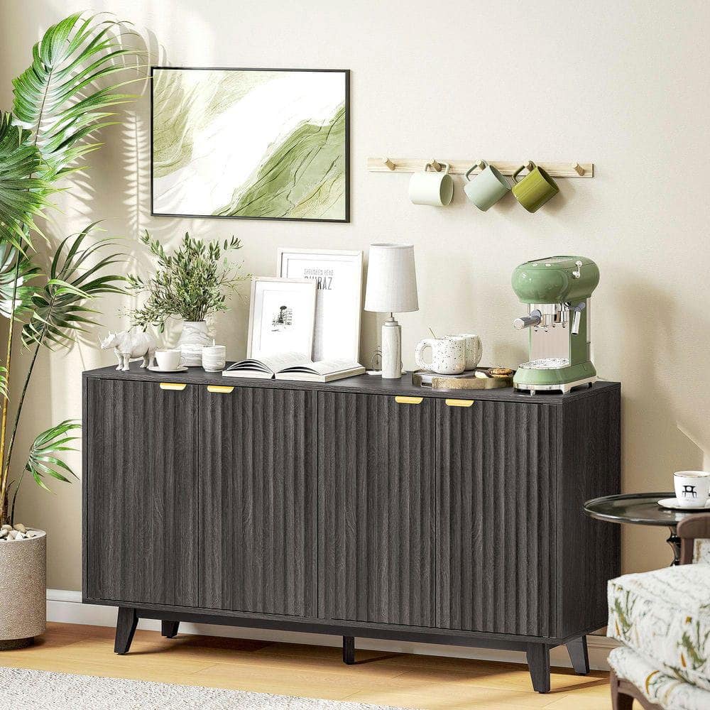 Kadyn - 55" Fluted Coffee Bar Cabinet with 4 Doors & Adjustable Shelves, Dark - Gray
