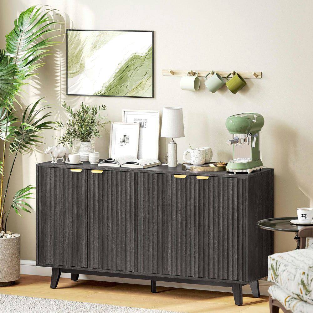 Front. Kadyn - 55" Fluted Coffee Bar Cabinet with 4 Doors & Adjustable Shelves, Dark Gray - Gray.