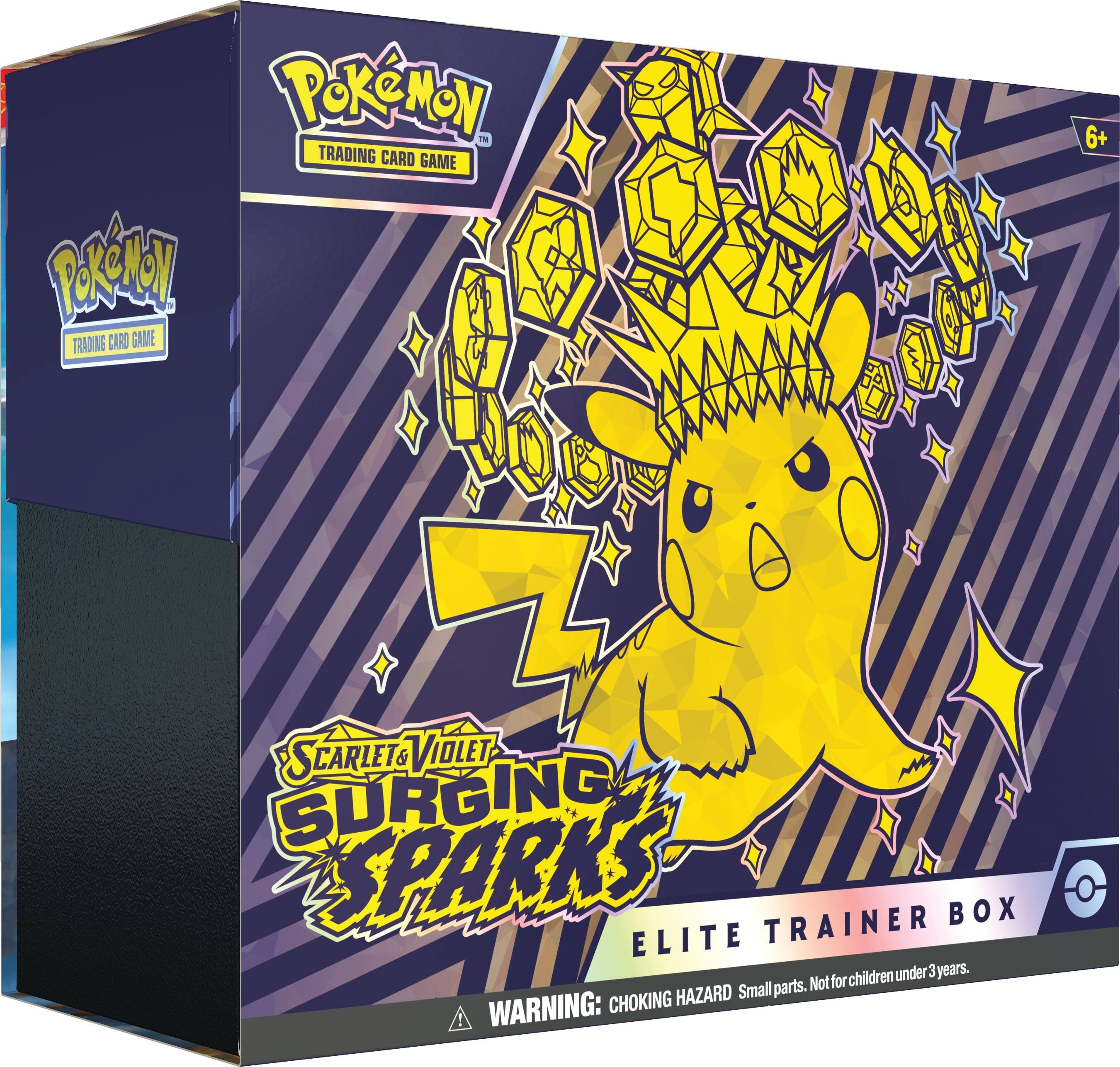 The image features a Pokemon trading card game, specifically the Scarlet Violet Surging Sparks Elite Trainer Box. The box is designed for children under 3 years old and contains small parts that may pose a choking hazard. The box is also labeled with a warning to ensure the safety of young children while playing with the game.