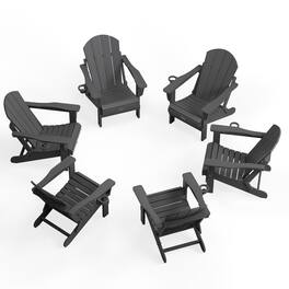 SERWALL - Folding Adirondack Chair with Cup Holder Set of 6, Weather Resistant HIPS Lawn Chairs, Fire Pit Chairs - Gray