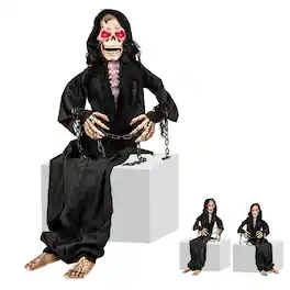 Costway - 5 FT Animated Halloween Sitting Reaper Life Size Halloween Animatronic Prop - Black