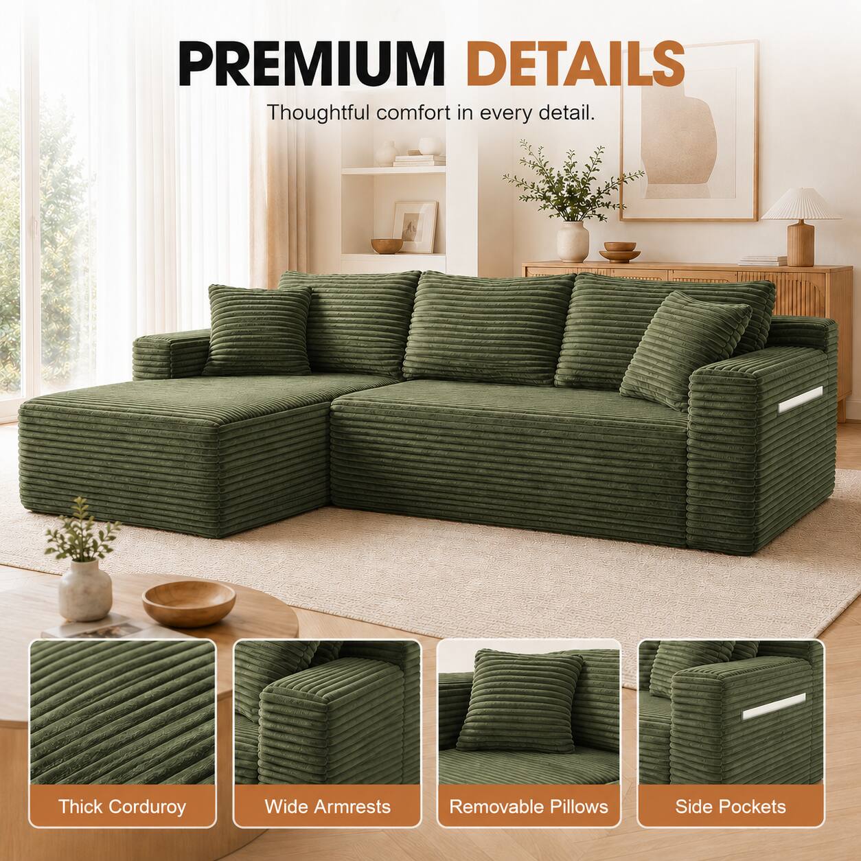 PREMIUM DETAILS  
Thoughtful comfort in every detail.  
- Thick Corduroy  
- Wide Armrests  
- Removable Pillows  
- Side Pockets