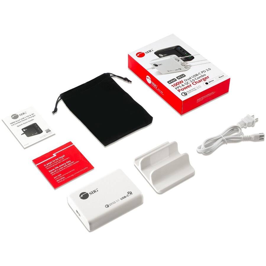 Sure, here is the corrected and grouped text from the image:

**Product Name:**
- SIKG 100W Dual USB-C PD 3.0 Power Charger

**Features:**
- 4 Ports
- 100W Power
- Dual USB-C PD 3.0
- PS5 & QC 3.0 Compatible
- 2 x 100W USB-C
- 2 x 18W USB-A
- 100W Max Output
- 100W for PS5
- 100W for Laptop
- 18W for Phone
- 18W for Tablet
- 18W for Other Devices

**Certifications:**
- CE
- FCC
- RoHS

**Additional Information:**
- It pays to be loyal
- Save 5% every day
- Save 5% on every purchase
- Save 5% on every order
- Save 5% on every day
- Save 5% on every order
- Save 5% on every day

**Product Details:**
- Heavy-duty 100W USB-C Charger
- 2 x 10