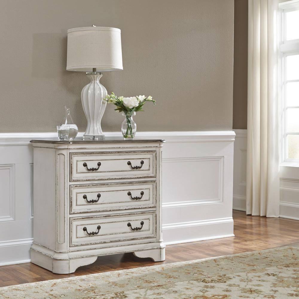Alt View 2. Liberty Furniture Industries - Magnolia Manor 3 Drawer Bedside Chest w/ Charging Station in Antique White - White.