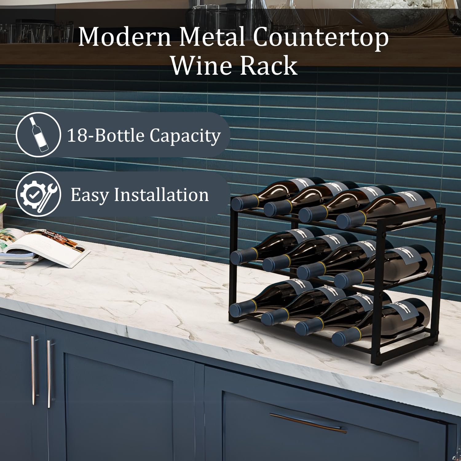 Modern Metal Countertop Wine Rack

18-Bottle Capacity

Easy Installation