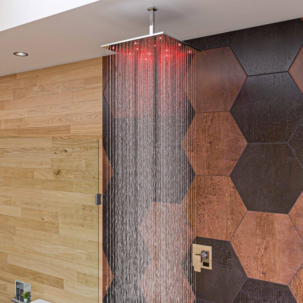 Back. Alfi - Polished Chrome 16" Square Multi Color LED Rain Shower Head - Silver.