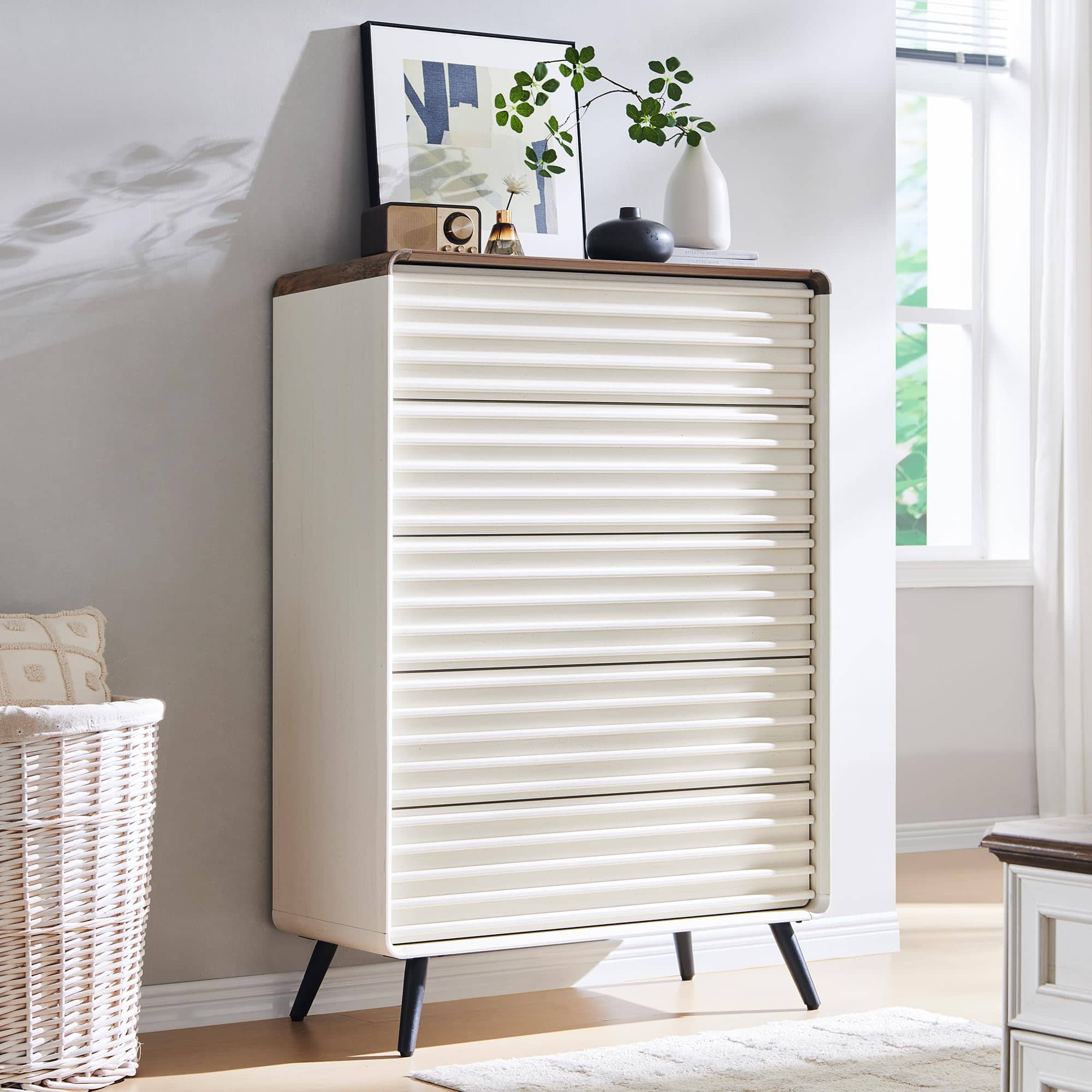 OMOMMD - Medieval Style Entry Table Dresser Wide Chest Grooved Front Tapered Legs - Antuique White 32"D x 15.6"W x 48"H (5 Drawers)