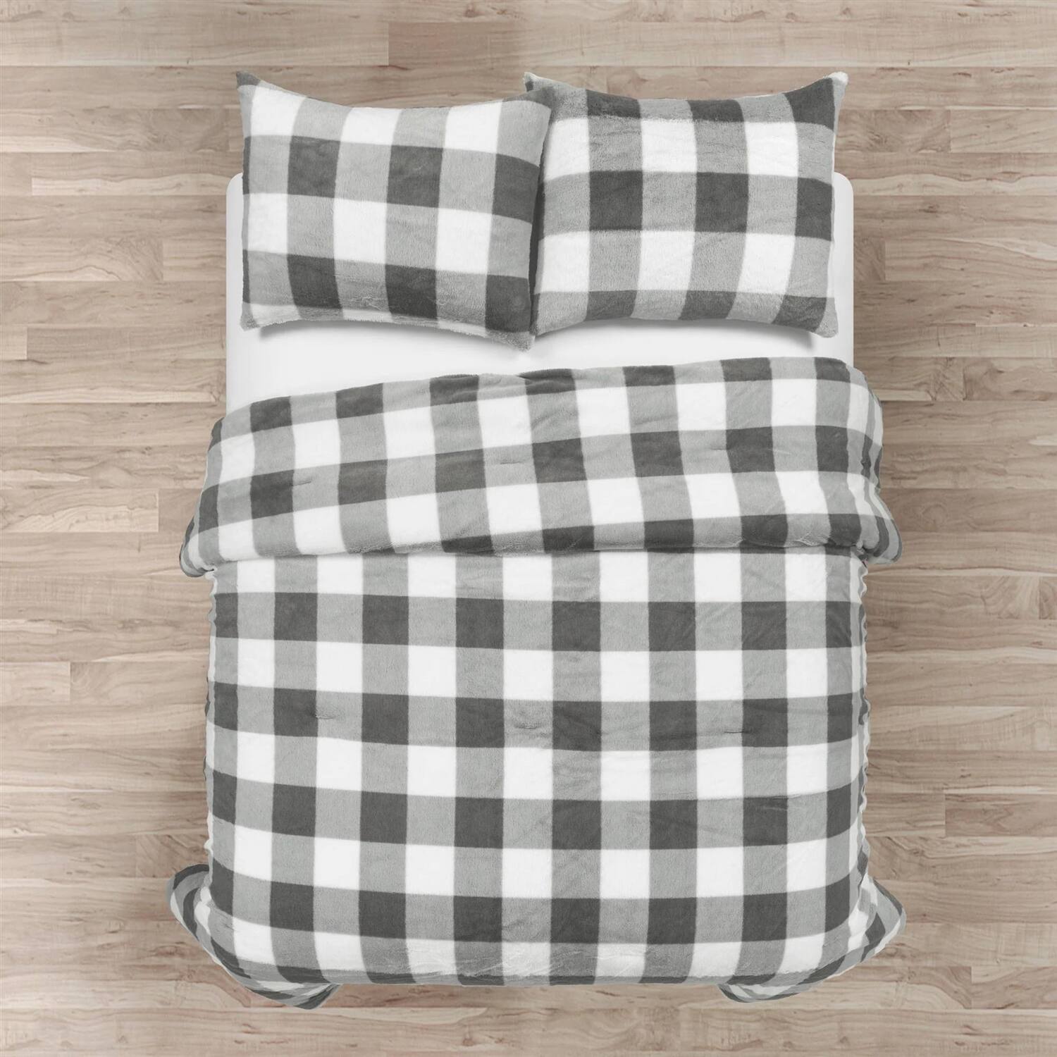 Angle. Hivvago - Twin Size Plaid Soft Faux Fur Comforter Set in Black White Grey - Black, White, Grey.