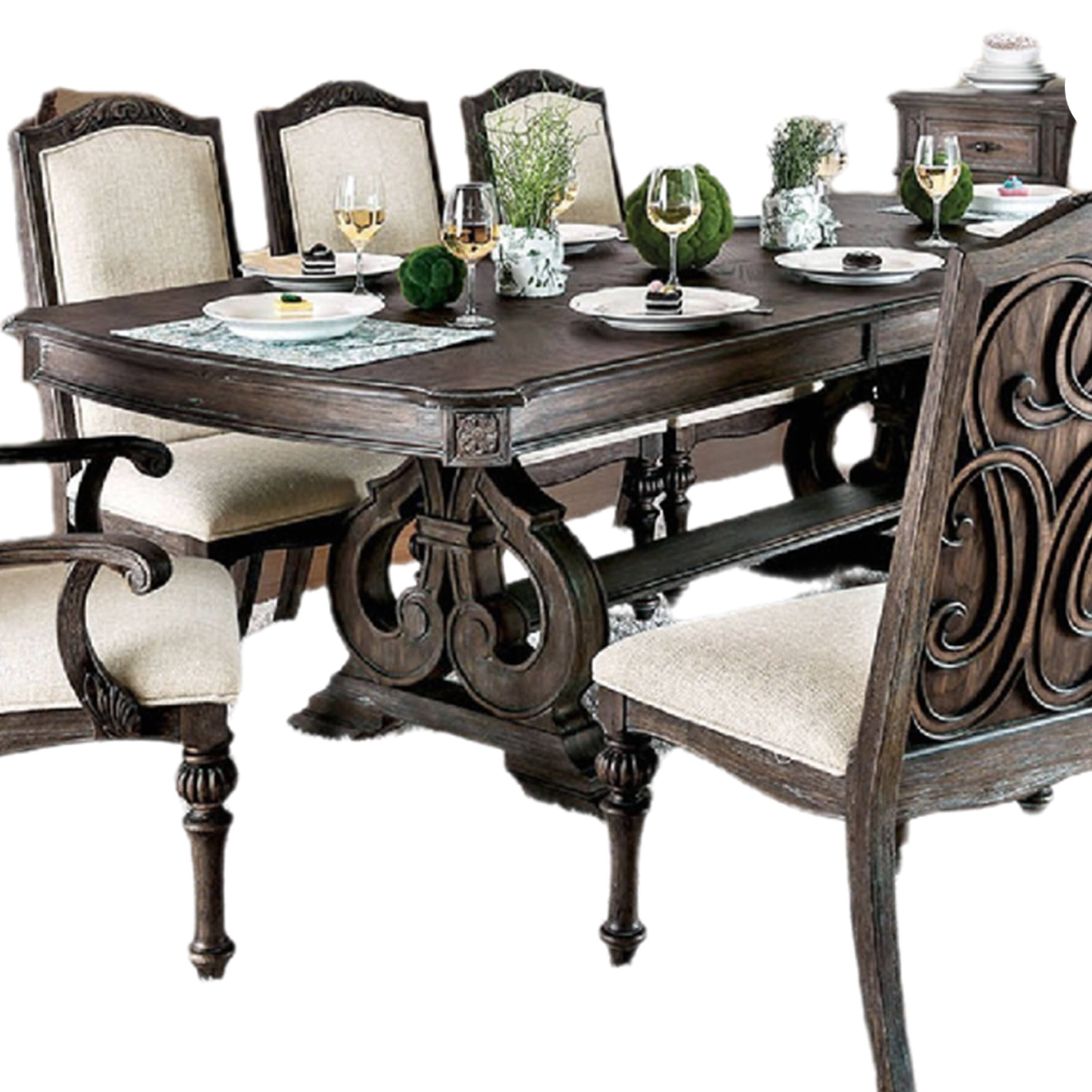 Alt View 3. Manhattan Lane - Arca 9pc Dining Table Set with 8 Ivory Fabric Chair, Rustic Solid Wood - Natural Brown, Ivory.