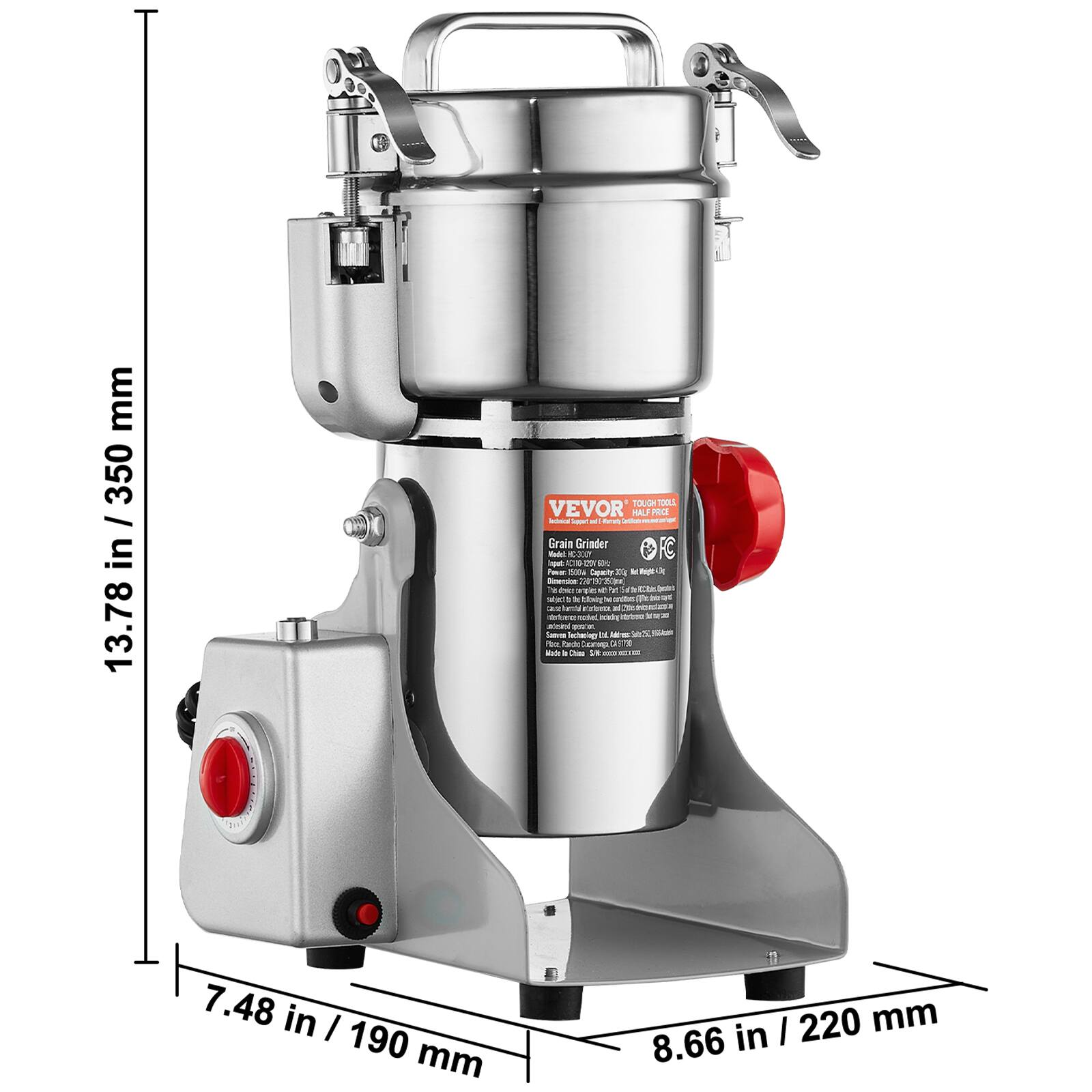 Sure, here is the corrected and grouped text:

---

**VEVOR**  
TOUGH TOOLS  
Grain Grinder  

**Dimensions:**  
- Height: 13.78 in / 350 mm  
- Width: 8.66 in / 220 mm  
- Depth: 7.48 in / 190 mm  

**Features:**  
- 1000W Power  
- 20L Capacity  
- Stainless Steel Construction  
- Durable and Long-Lasting  
- Easy to Clean  
- Compact Design  

**Made in China**  

---

This text includes the dimensions, features, and branding information from the image.
