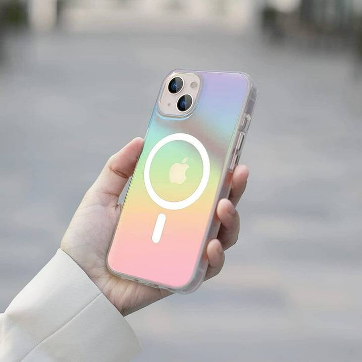 Angle. Entronix - Entronix Magnetic Phone Case for iPhone 15 Plus - Iridescent Holo Rainbow Design - Holo Rainbow Clear.