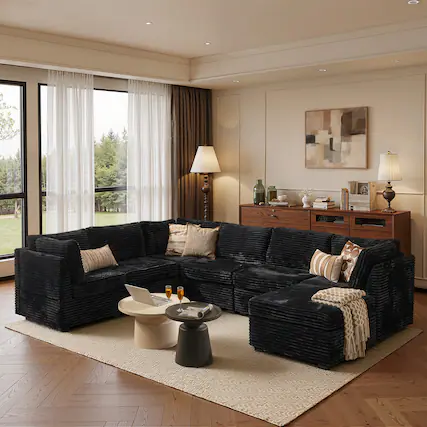 Front. Ovios - 6 Seat U Shaped Modular Sectional Sofa, Modern Deep Seat Couch with Ottoman - Black.