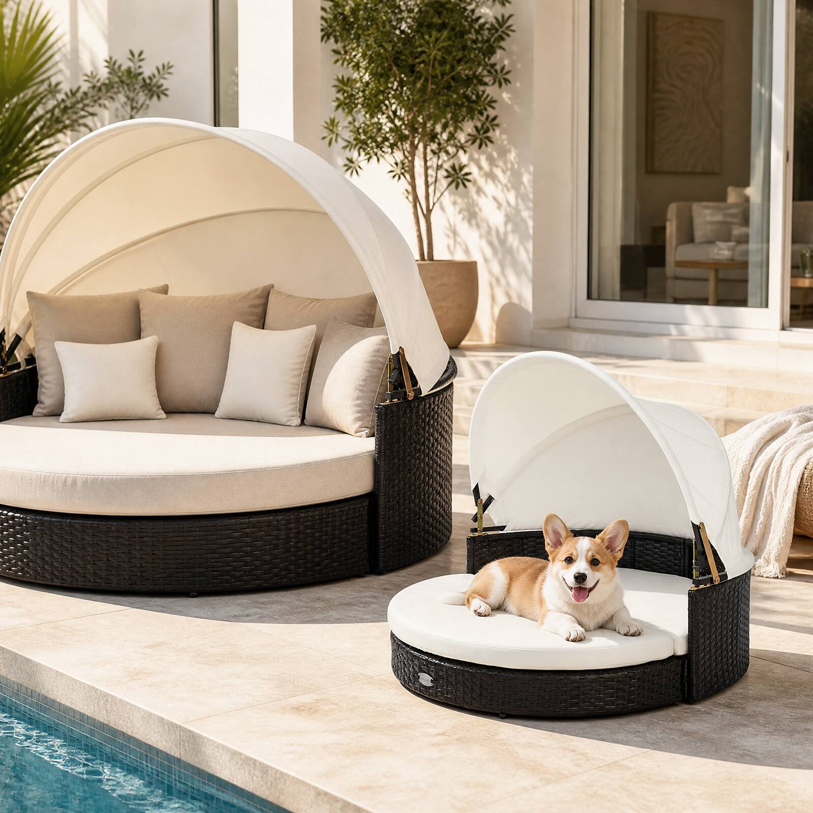 Alt View 2. Costway - Costway Wicker Dog House Outdoor Indoor with Retractable Canopy, Removable Cushion - Mixed Brown + Beige.