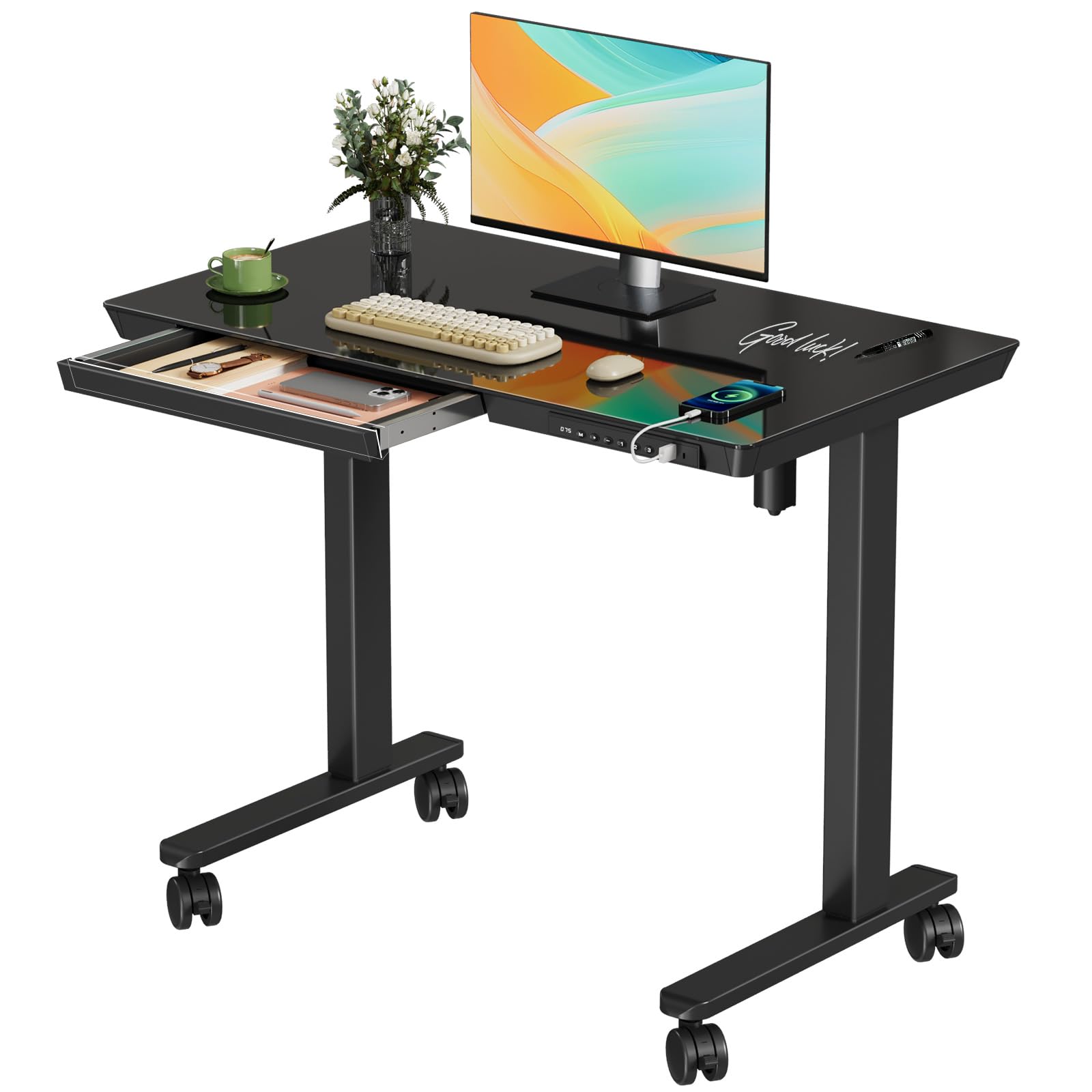 Hirose Alice - Glass Small Standing Desk with Drawer, x Whole Piece Electric Sit Stand Table, Height Adjustable Desk with - Black Glass-top 35"