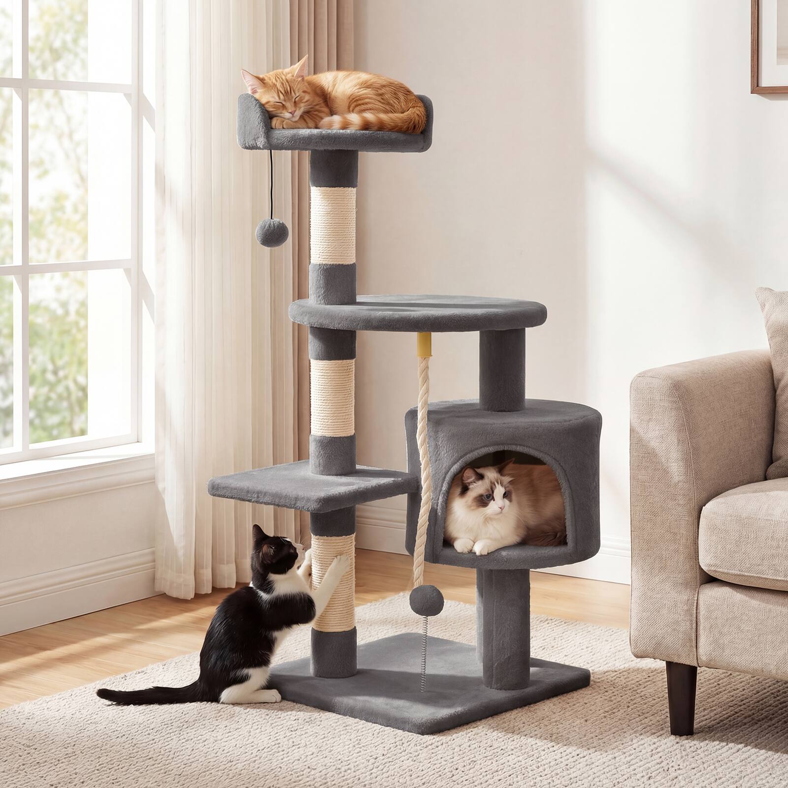 Alt View 1. Gymax - Gymax Cat Tree 36'' Cat Tower w/CondoTop Perch Sisal Scratching Posts & Hanging Rope Light Gray.