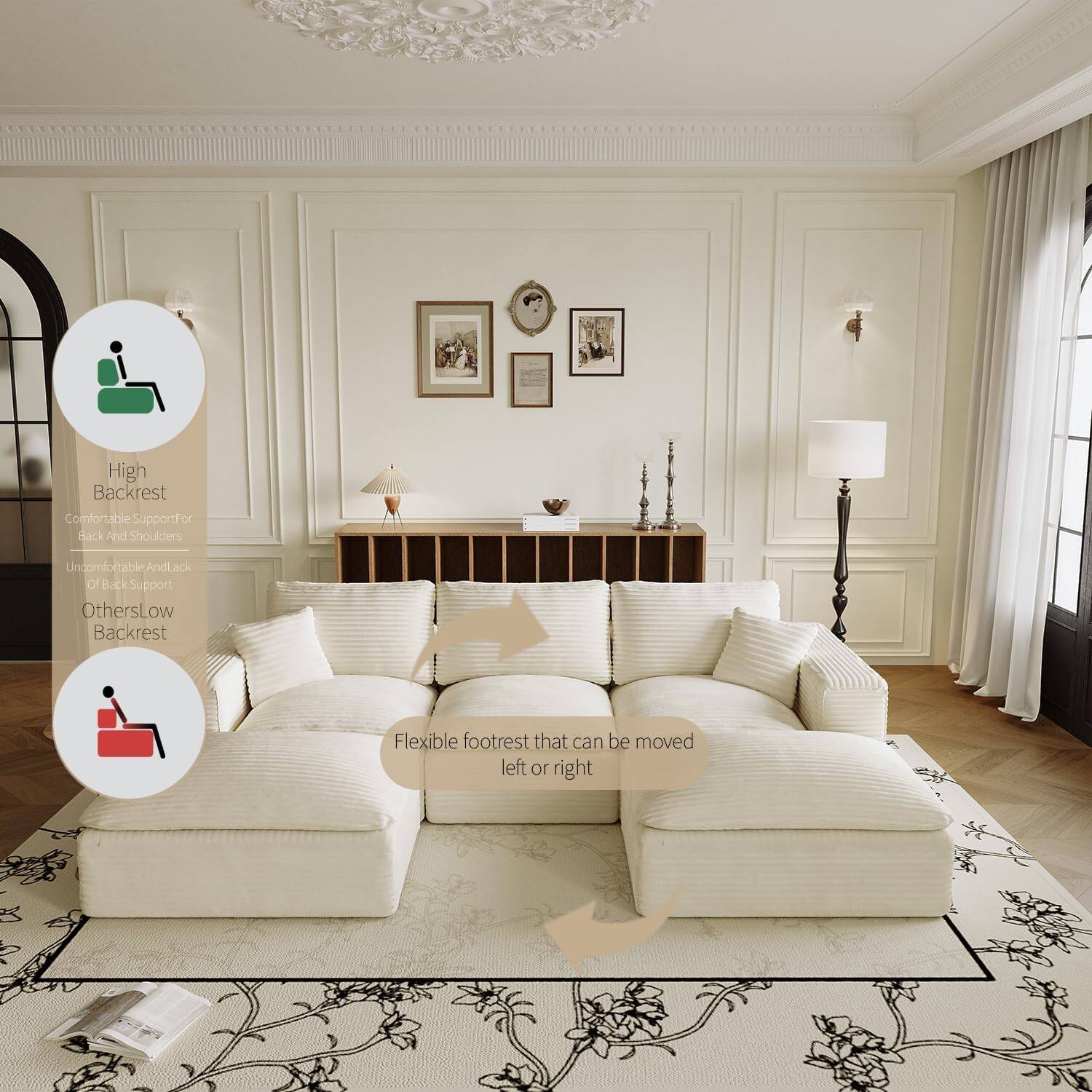 High Backrest  
Comfortable Support for Back and Shoulders  

Undomfortable and Lack of Back Support  
Others Low Backrest  

Flexible footrest that can be moved left or right