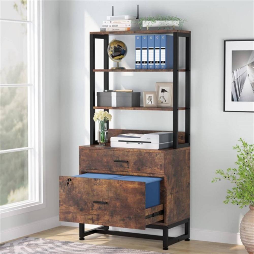 Angle. Hivvago - Home Office Lockable 2 Drawer Filing Cabinet Bookshelf in Brown Wood Finish - Brown.