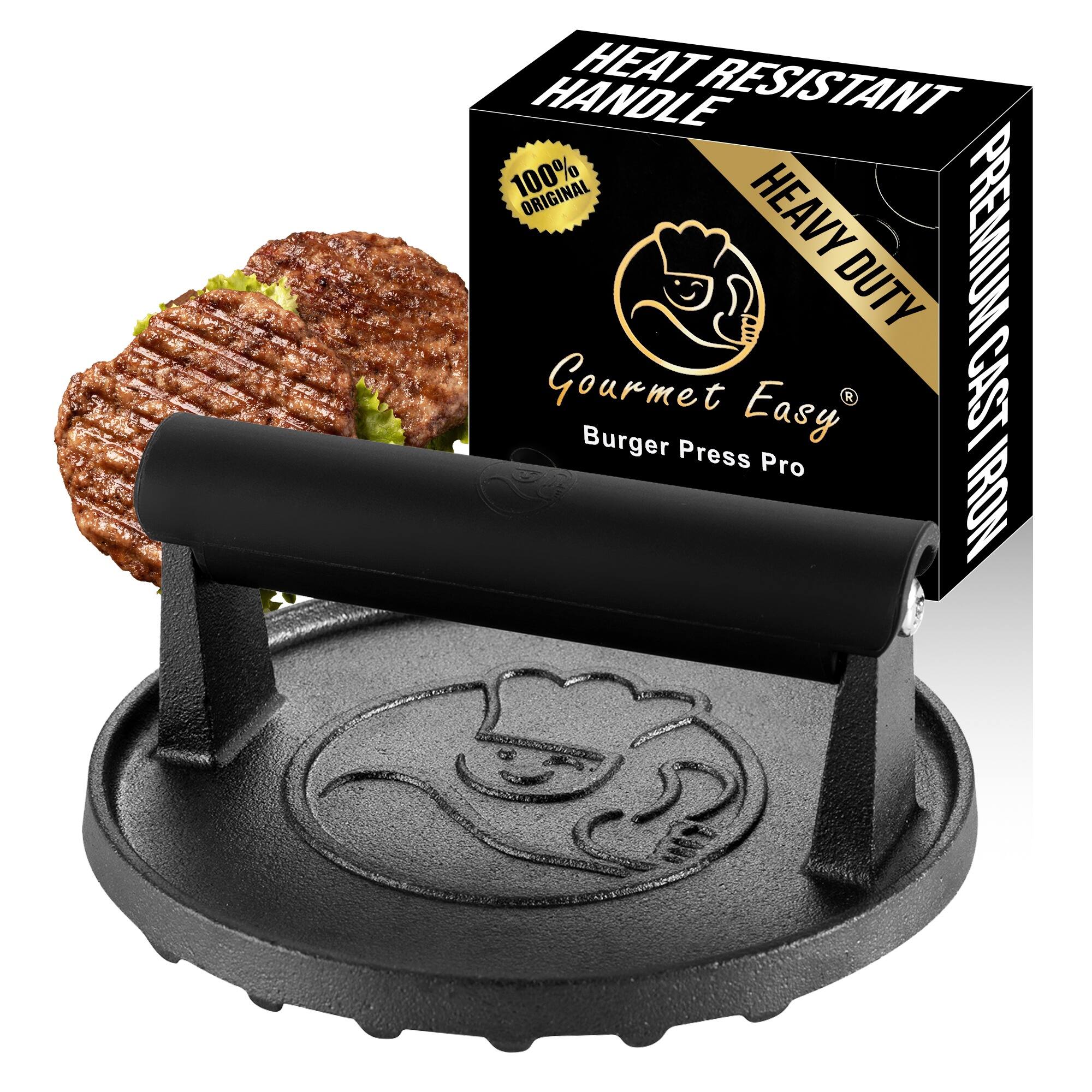 Front. Gourmet Easy - Smash Burger Press for Griddle, 2 lb Heavy Duty Burger Smasher Tool with Heat-Resistant Handle, Premium Cast Iron - Black.
