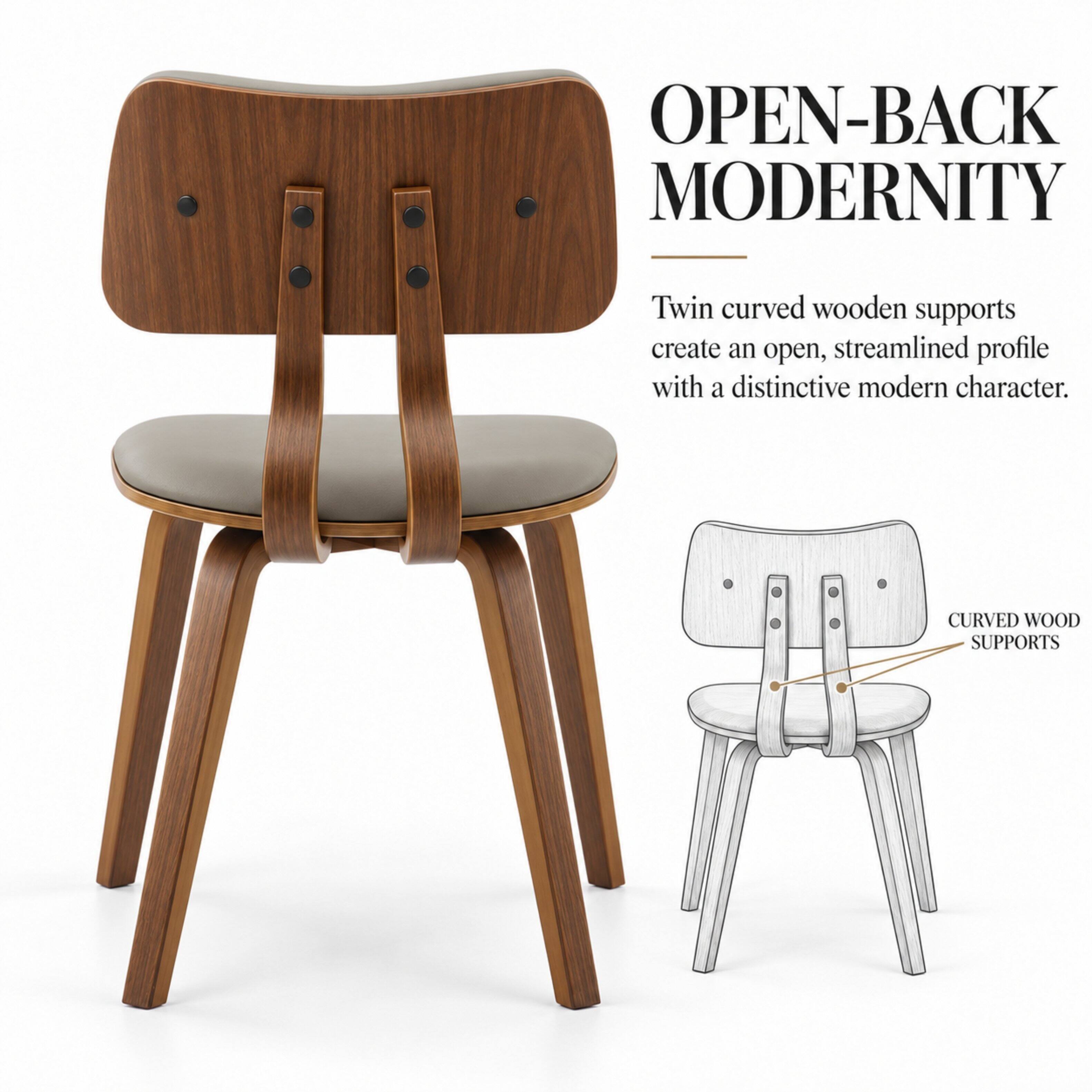 OPEN-BACK MODERNITY

Twin curved wooden supports create an open, streamlined profile with a distinctive modern character.

CURVED WOOD SUPPORTS