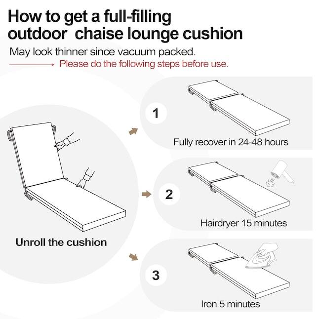 How to get a full-filling outdoor chaise lounge cushion  
May look thinner since vacuum packed.  
Please do the following steps before use.  
1. Fully recover in 24-48 hours  
2. Hairdryer 15 minutes  
3. Unroll the cushion  
4. Iron 5 minutes