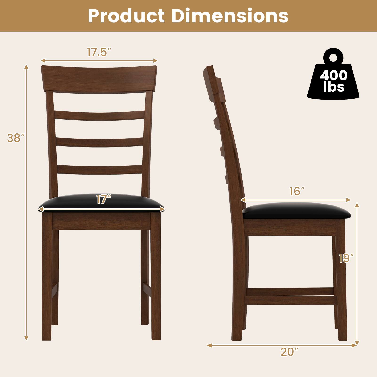 Product Dimensions

- Height: 38"
- Seat Height: 17"
- Seat Width: 17"
- Seat Depth: 16"
- Back Height: 17.5"
- Armrest Height: 19"
- Width: 20"
- Weight Capacity: 400 lbs