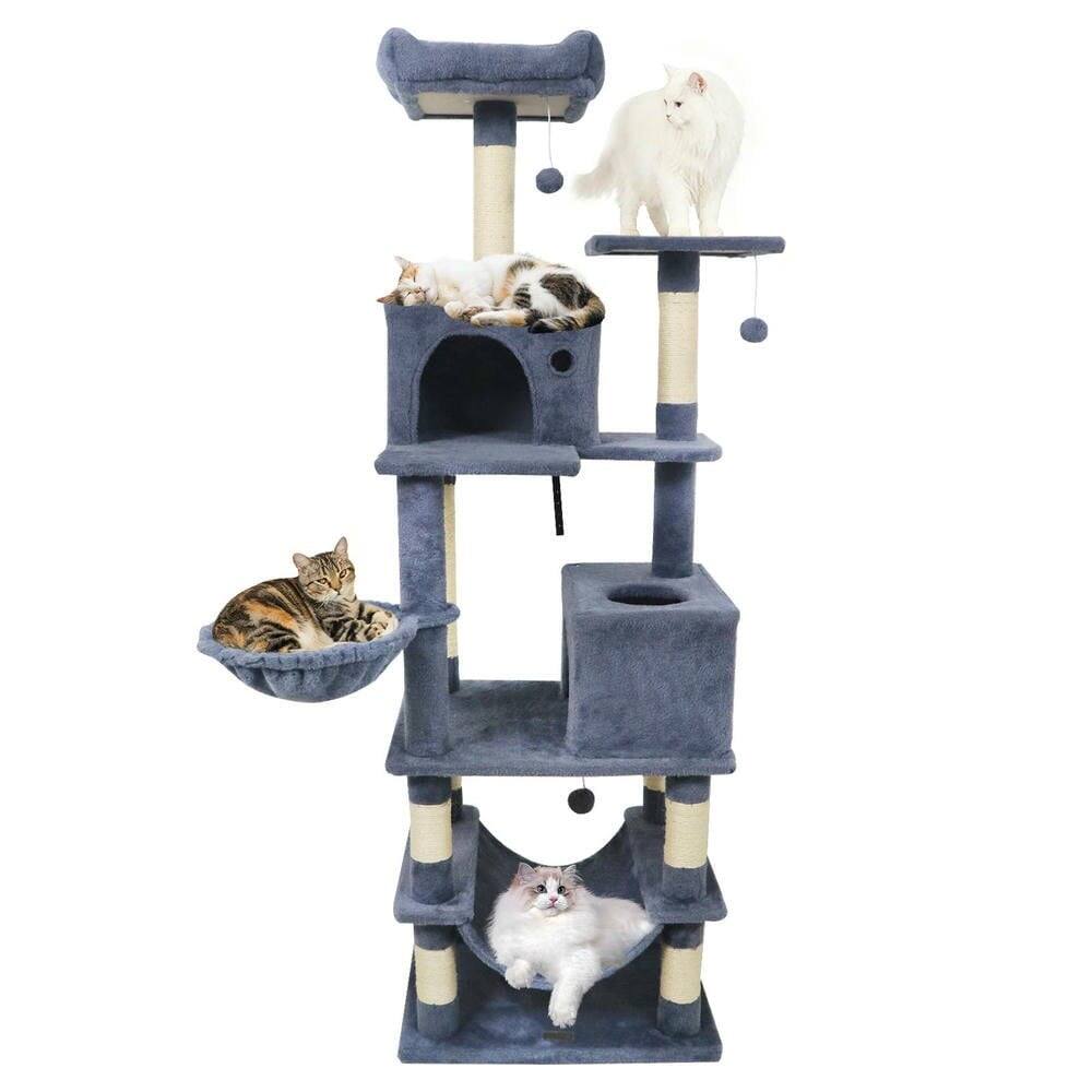 Left. Kadyn - 66-Inch Tall Multi-Level Cat Tower with Two Condos and Sisal Posts, Dark Gray - Gray.