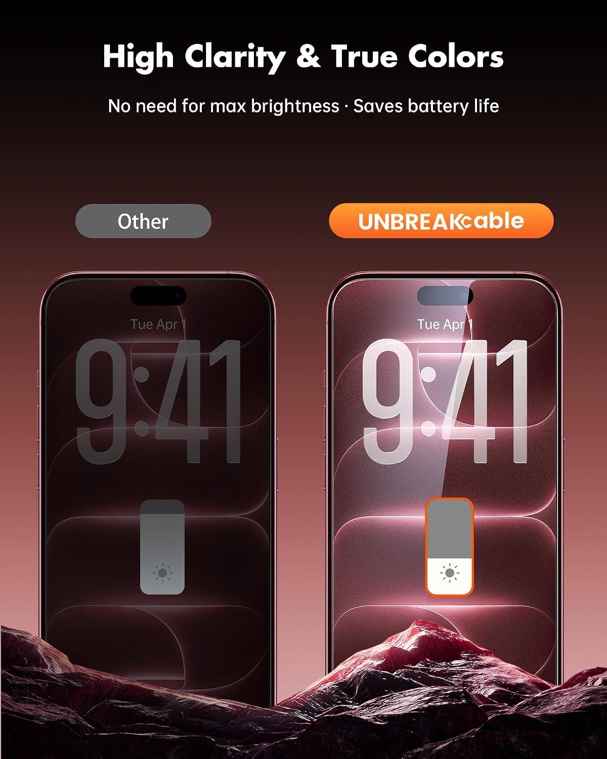 High Clarity & True Colors  
No need for max brightness  
Saves battery life  

Other  
UNBREAKcable  

Tue Apr 9:41  
Tue Apr 9:41