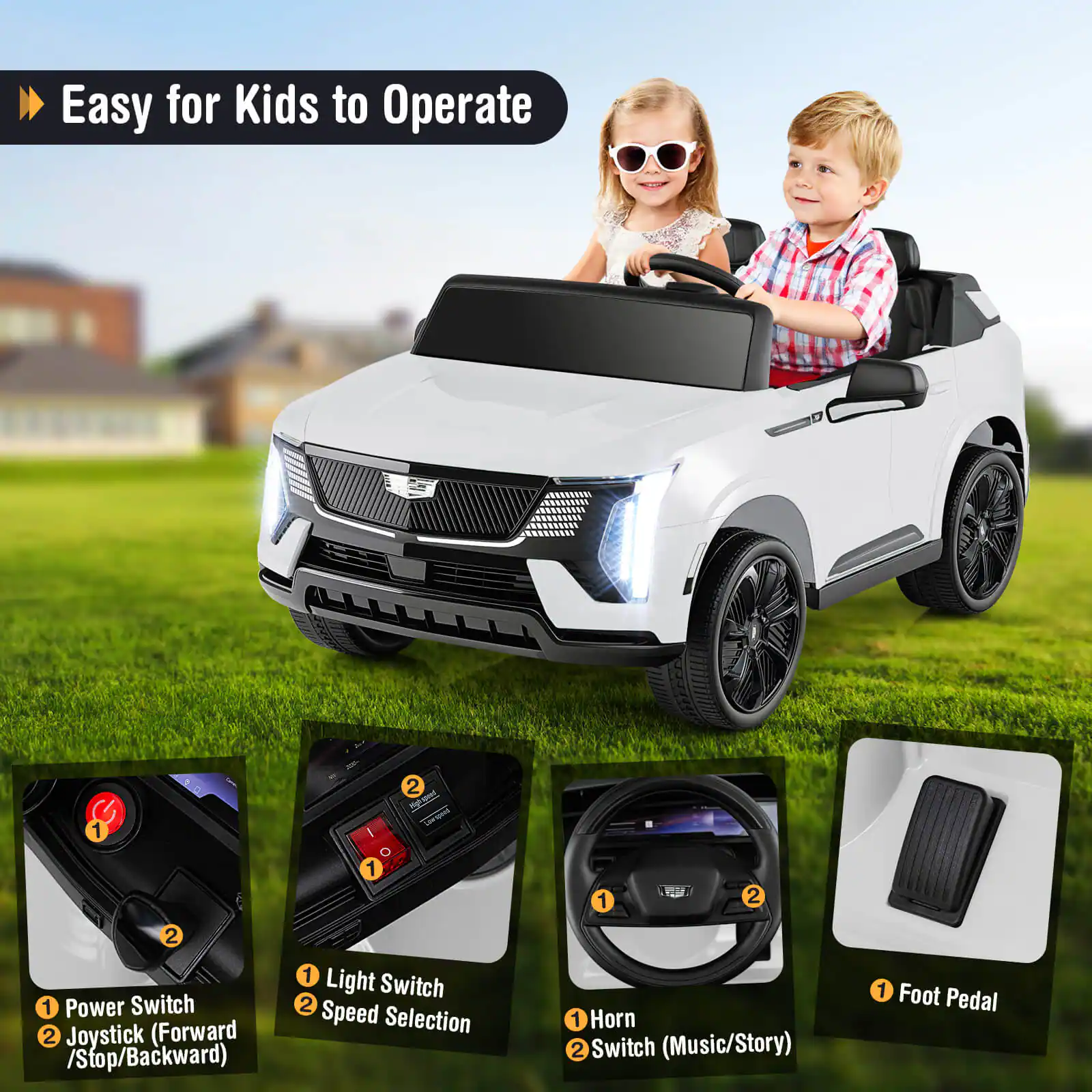Easy for Kids to Operate

1. Power Switch
2. Joystick (Forward / Stop / Backward)

1. Light Switch
2. Speed Selection

1. Horn
2. Switch (Music / Story)

1. Foot Pedal