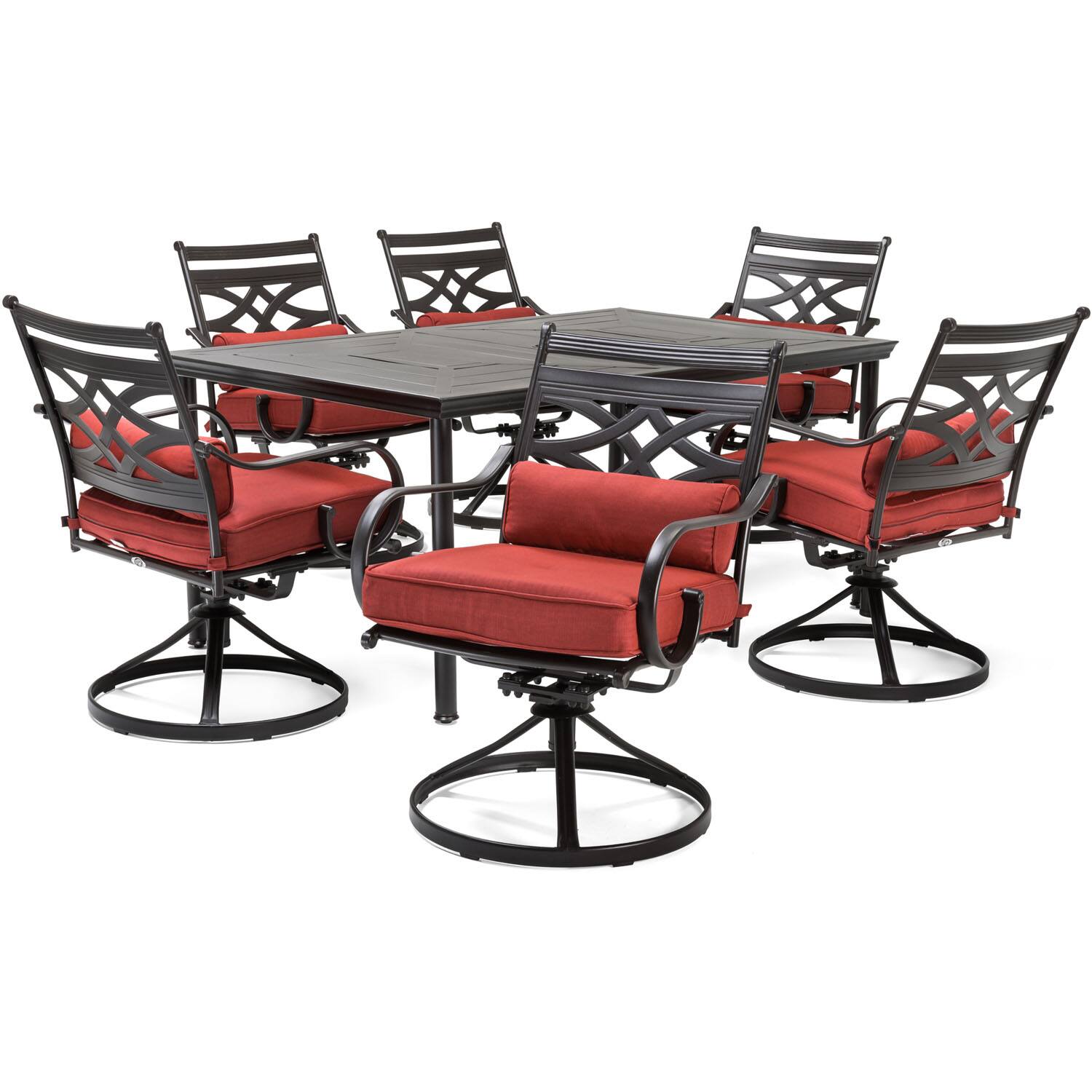 Front. Hanover - Montclair 7-Piece Dining Set with 6 Swivel Rockers and a 40" x 67" Dining Table - Chili Red/Brown.