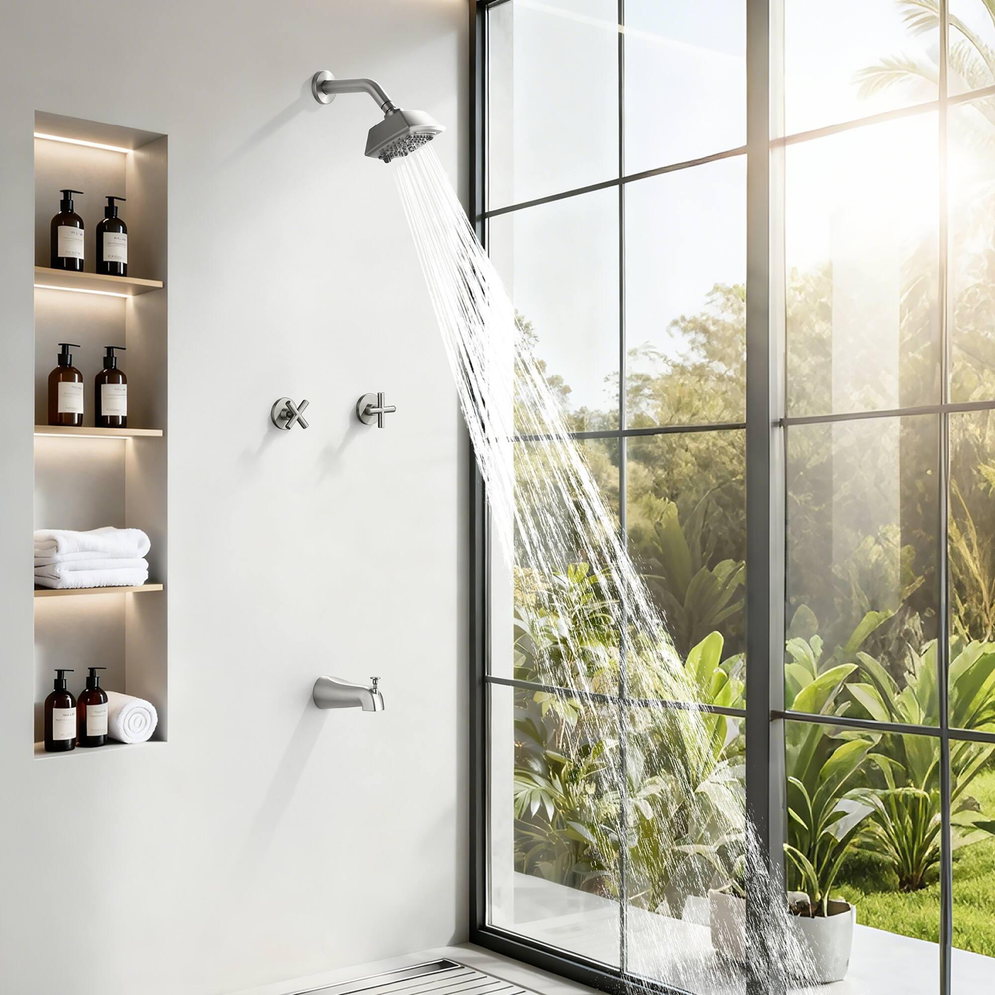 Alt View 2. Boyel Living - Brushed Nickel Tub and Shower Set Brass SUS304 Dual Handle 5-Function Top Spray High-Flow - Silver.