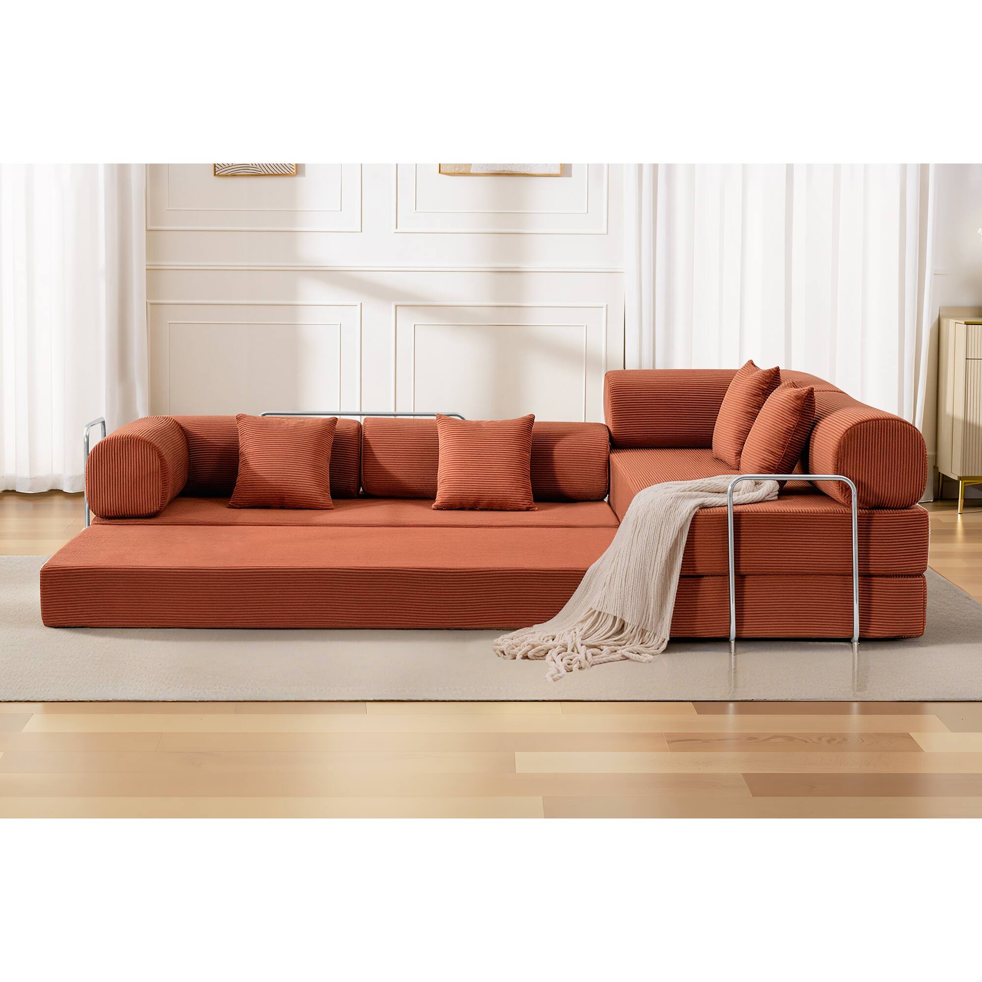 Alt View 7. KERDOM - L-Shaped Corduroy Couch Chaise Lounge, 78'' Foldable Sofa Bed 2pcs Combined, Spliced Block Modular Sectional Sponge Sofa - Pumkin Brown.