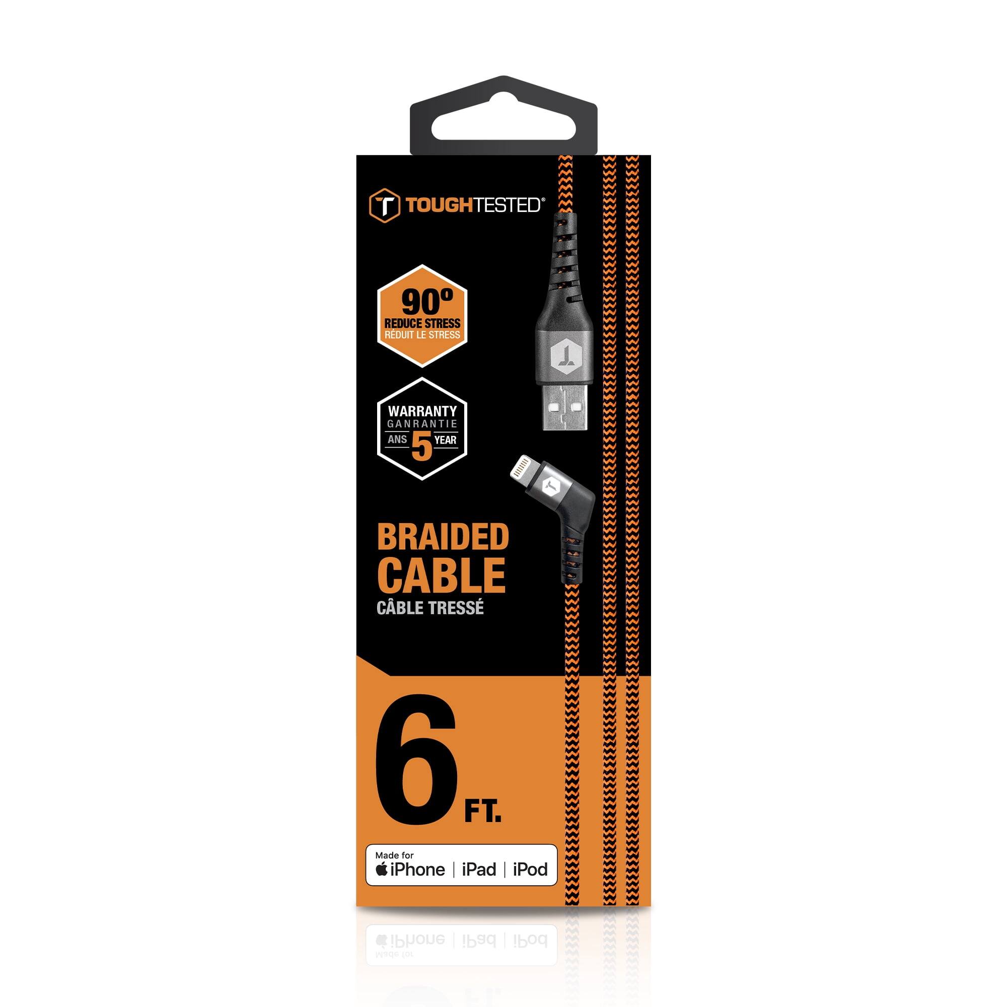 TOUGHTESTED' 90° REDUCE STRESS REDUIT LE STRESS WARRANTY 5 ANS YEAR BRAIDED CABLE CABLE TRESSE 6 FT. Made for iPhone iPad iPod