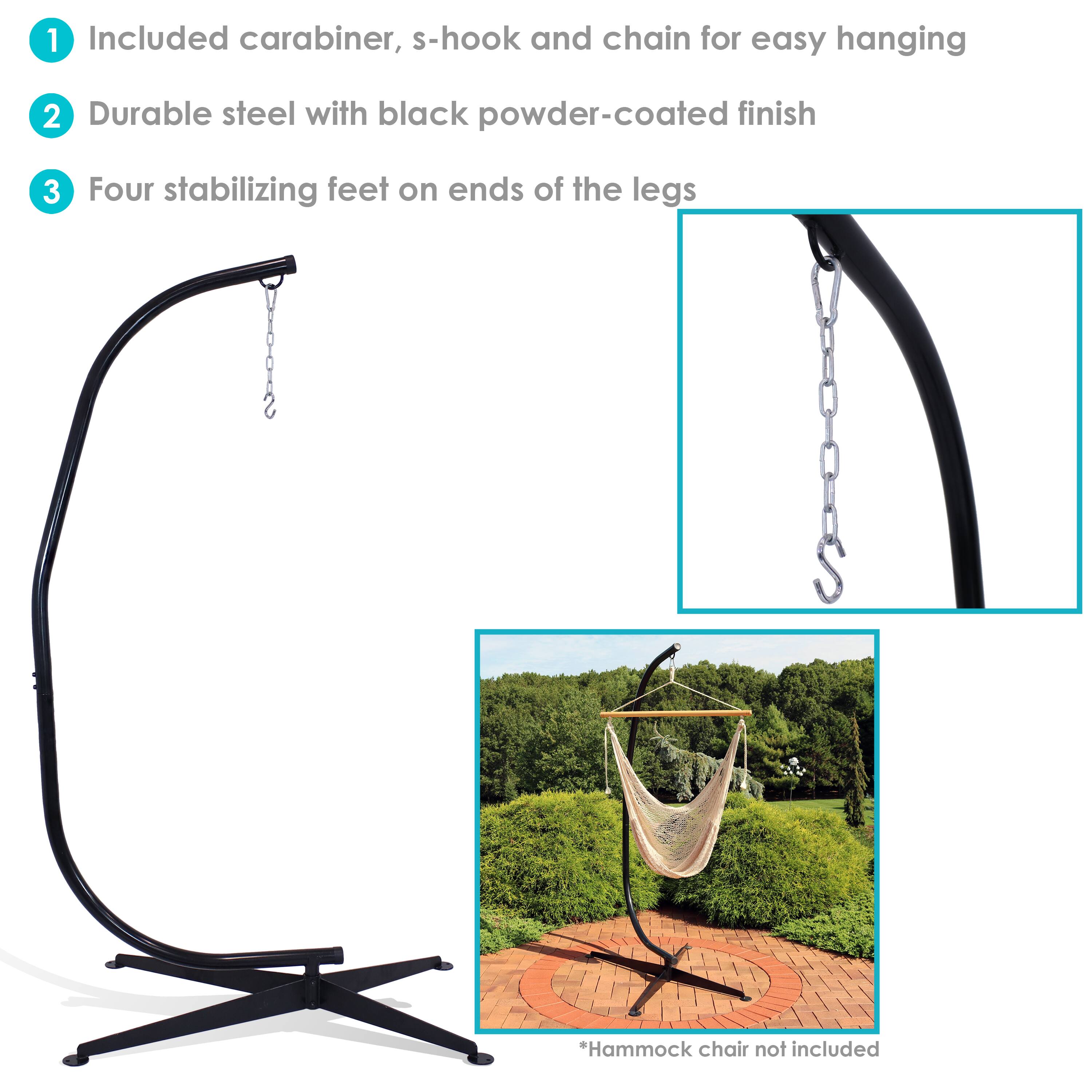 1. Included carabiner, s-hook, and chain for easy hanging
2. Durable steel with black powder-coated finish
3. Four stabilizing feet on ends of the legs

*Hammock chair not included