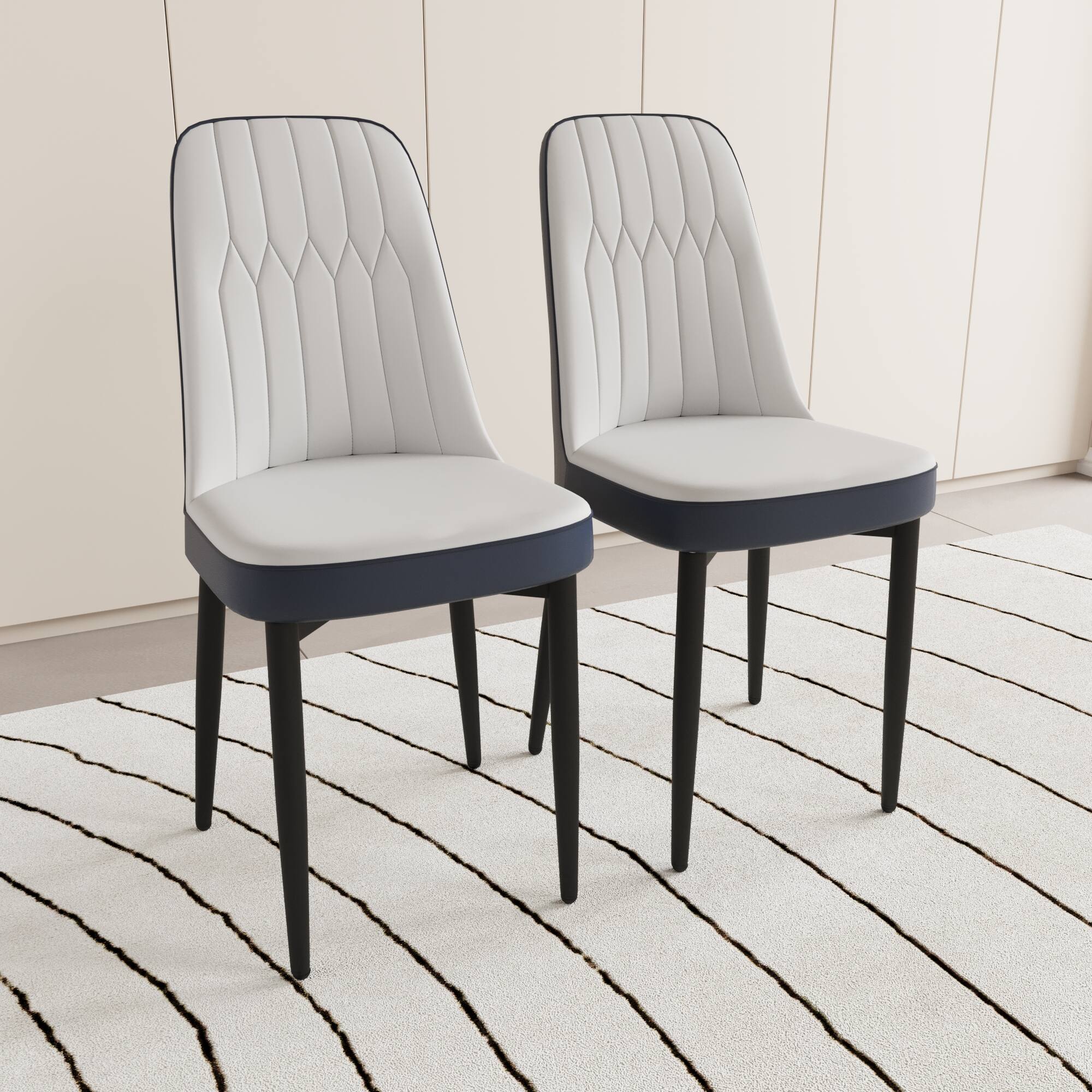 Front. Tiramisubest - Modern Dining Chair Set of 2 with PU Leather and Cushions, Black Metal Legs, White and Blue - Blue-gray.