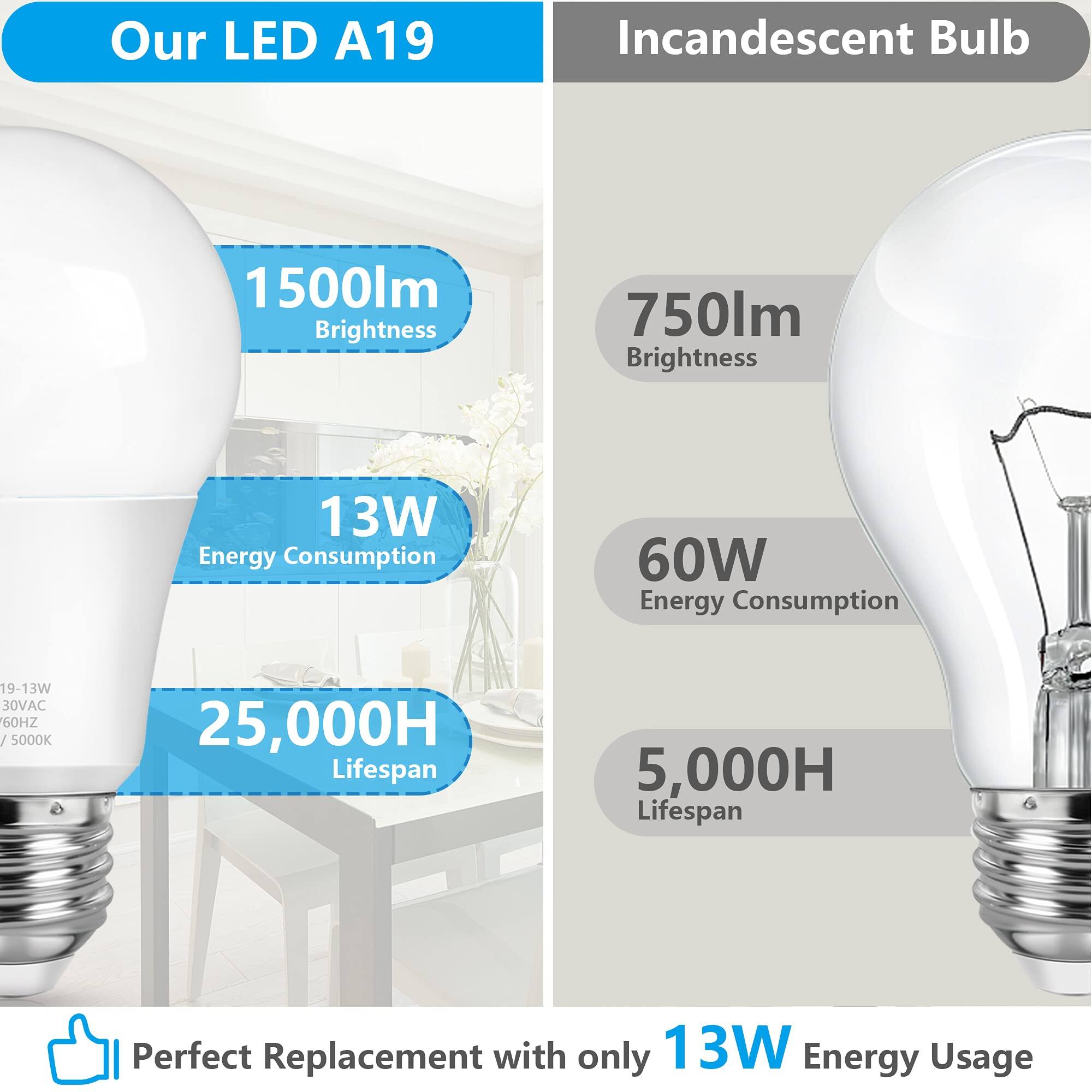 Our LED A19  
1500lm Brightness  
13W Energy Consumption  
25,000H Lifespan  

Incandescent Bulb  
750lm Brightness  
60W Energy Consumption  
5,000H Lifespan  

Perfect Replacement with only 13W Energy Usage