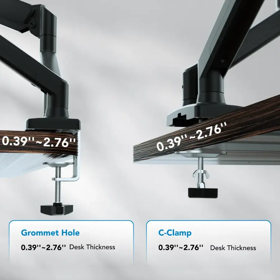 The image shows a comparison of three different types of holes, each with a corresponding measurement. The first hole is a Grommet Hole, which measures 0.39"~2.76" in size. The second hole is a C-Clamp, which measures 0.39"~2.76" in size. The third hole is a 0.39"~2.76" Desk Thickness, which is also measured at 0.39"~2.76" in size. The image also shows a comparison of three different types of clamps, each with a corresponding measurement. The first clamp is a Grommet Hole, which measures 0.39"~2.76" in size. The second clamp is a C-Clamp, which measures 0.39"~2.76" in size. The third clamp is a 0.39"~2.76" Desk Thickness, which is also measured at 0.39"~2.76" in size.