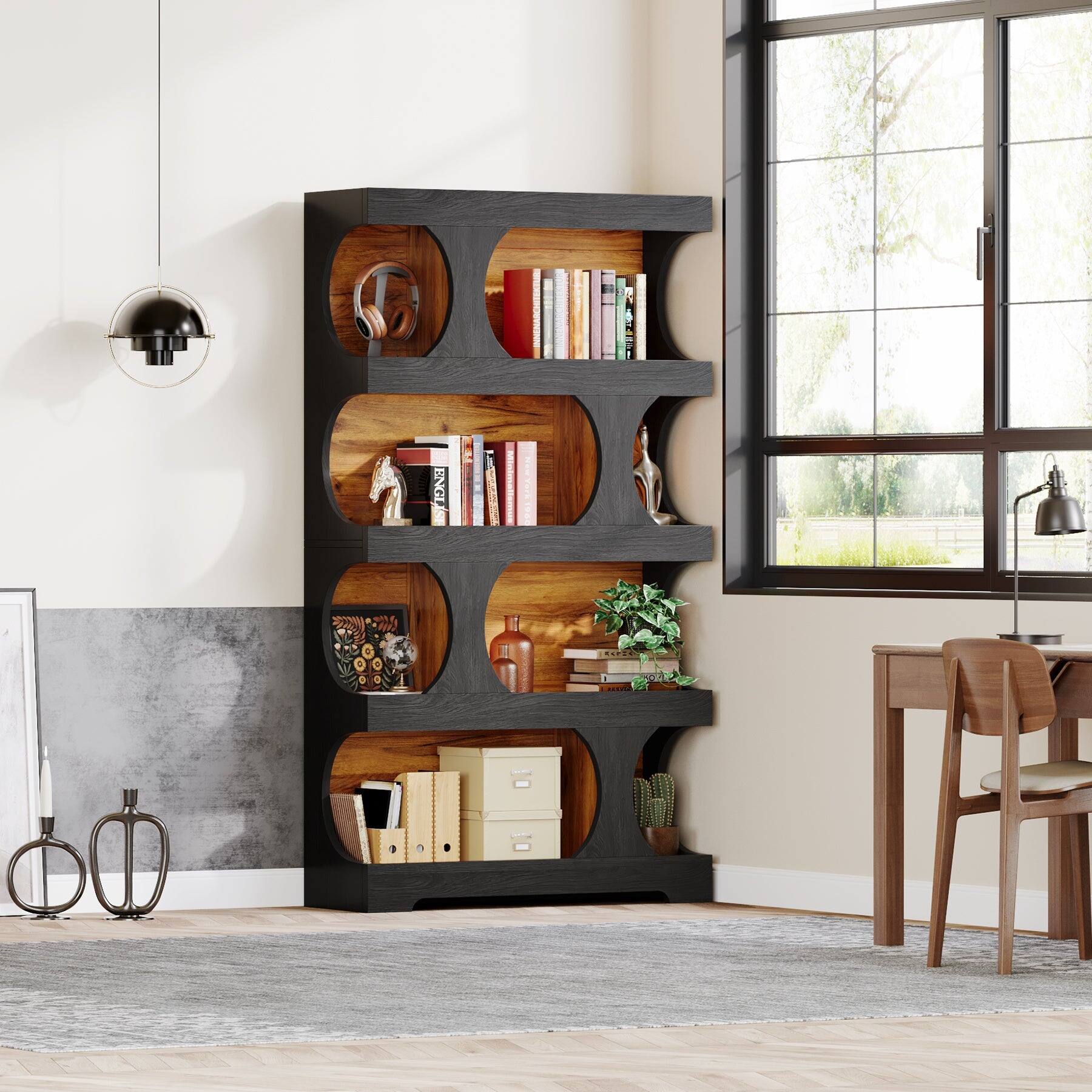 Back. Tribesigns - Bookshelf with Engineered Wood Construction and Space-Saving Design for Living Room, Study and Bedroom - Brown.