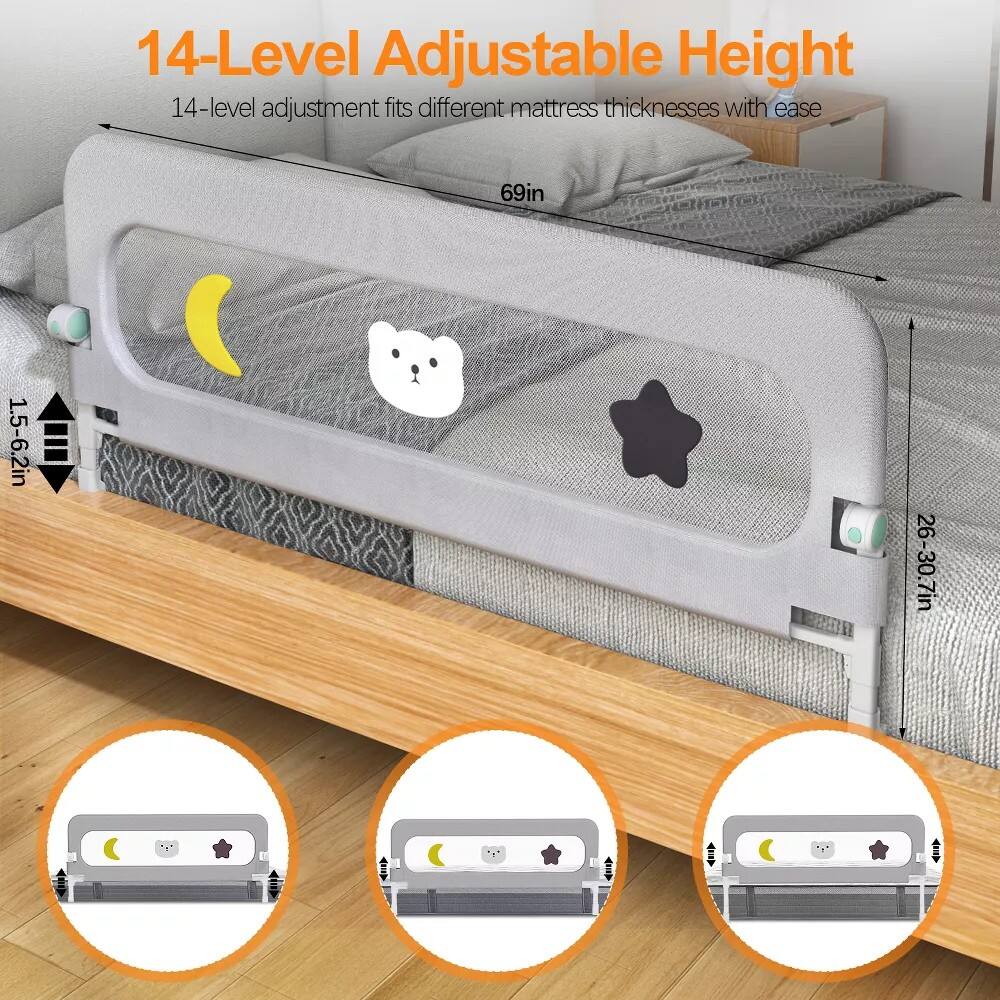 Alt View 2. SKONYON - 69" Bed Guard Rail for Toddlers with 14-Level Height Adjustment, Foldable Mesh Panel and U-Shaped Base - Gray.