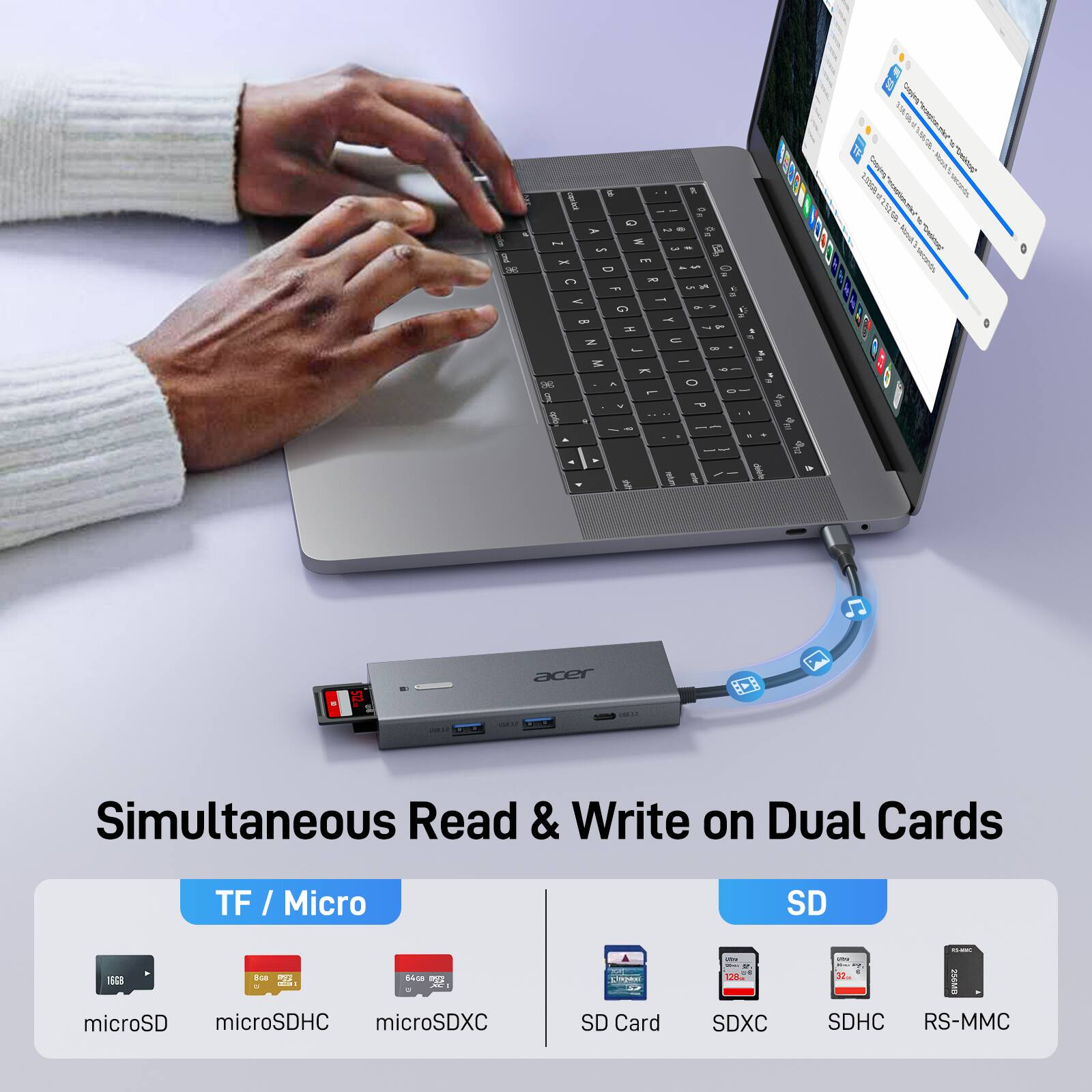Simultaneous Read & Write on Dual Cards

TF / Micro
- microSD
- microSDHC
- microSDXC

SD
- SD Card
- SDXC
- SDHC
- RS-MMC