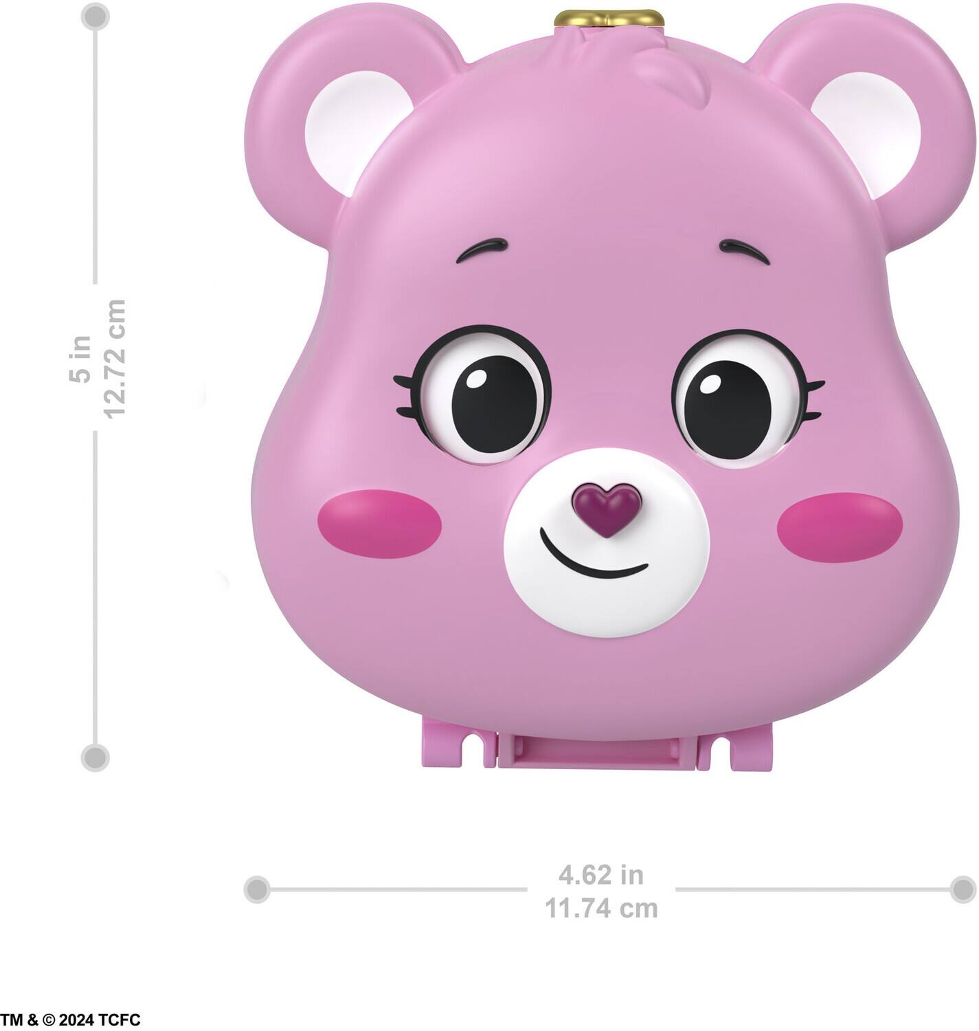 The dimensions of the pink bear-shaped object are 5 inches (12.72 cm) in height and 4.62 inches (11.74 cm) in width.