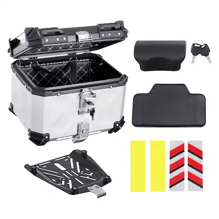 Front. VEVOR - Motorcycle Top Case, Universal Aluminum Alloy Motorbike Tail Box with Leather Lining, 45L Waterproof Detachable - Silver.