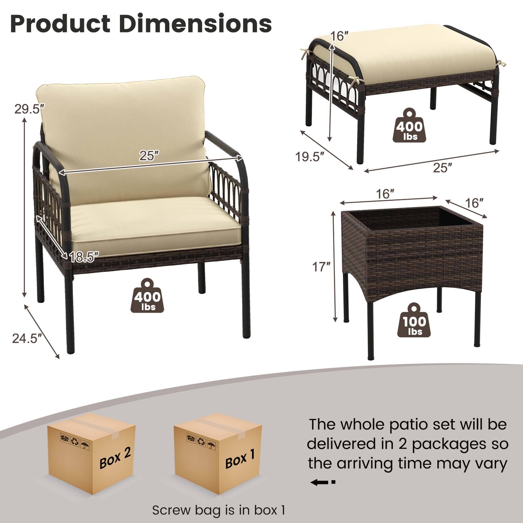 Product Dimensions

- Chair: 29.5" (height) x 25" (width) x 18.5" (depth) x 24.5" (height from ground)
- Bench: 19.5" (height) x 25" (width) x 16" (depth) x 16" (height from ground)
- Table: 17" (height) x 16" (width) x 16" (depth)

Weights:
- Chair: 400 lbs
- Bench: 400 lbs
- Table: 100 lbs

The whole patio set will be delivered in 2 packages so the arriving time may vary.

Screw bag is in box 1.