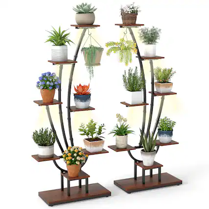 Front. Gymax - Gymax 2PCS 62'' Tall 8-Tier Corner Metal Plant Shelf for Multiple Plants Living Room - Brown.